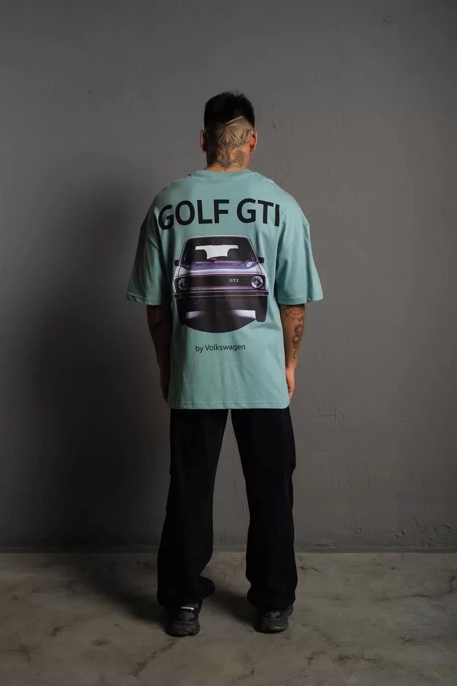 Erkek Sırt Golf Gtı Baskılı Oversize T-shirt - Mint Yeşili
