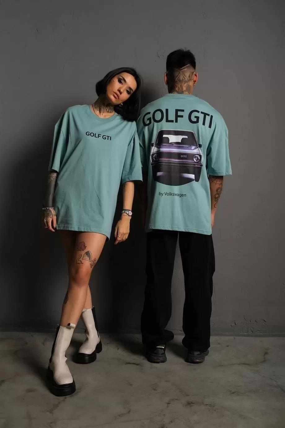 Erkek Sırt Golf Gtı Baskılı Oversize T-shirt - Mint Yeşili