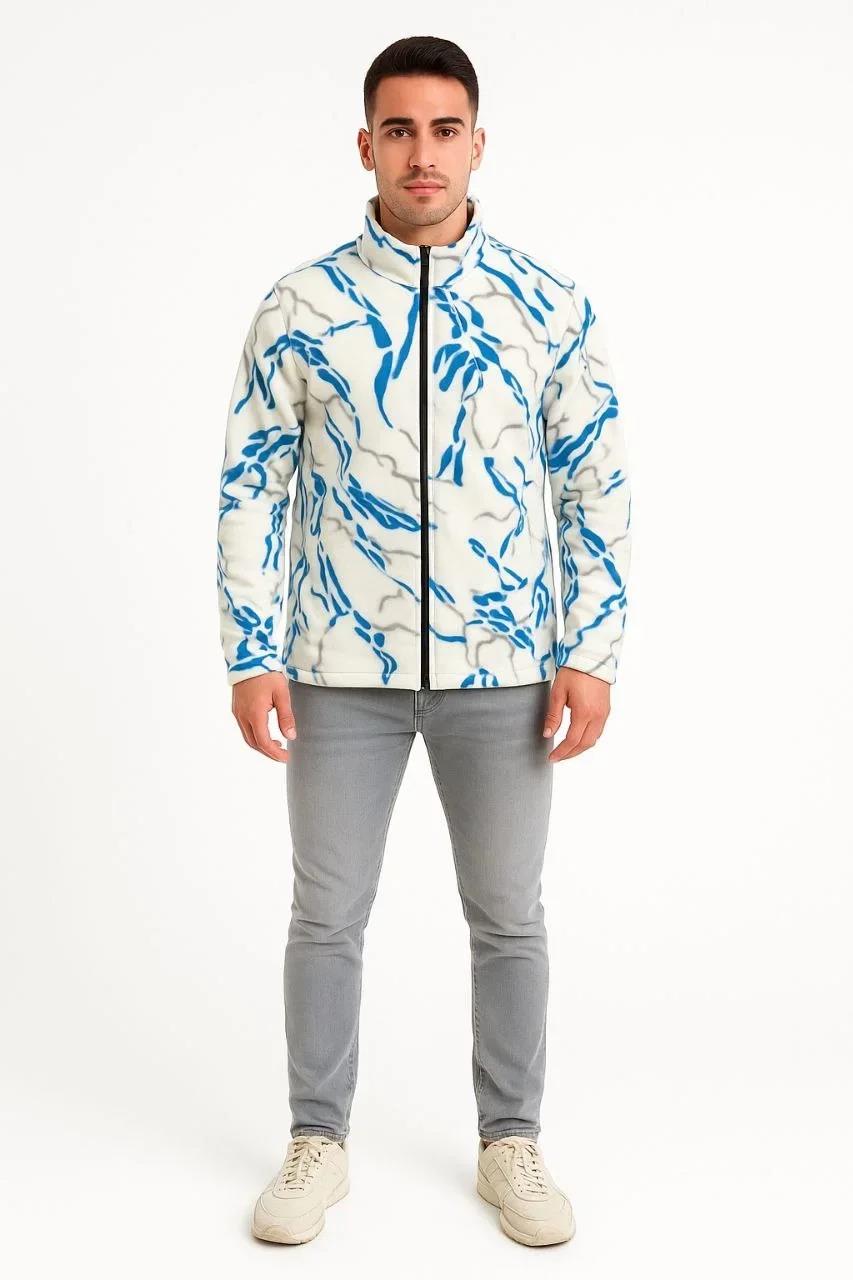 Erkek Tam Fermuarlı Desenli Polar Sweat  Lightning Desen Yakalı, Uzun Kollu, Oversize Rahat Kalıp - Beyaz