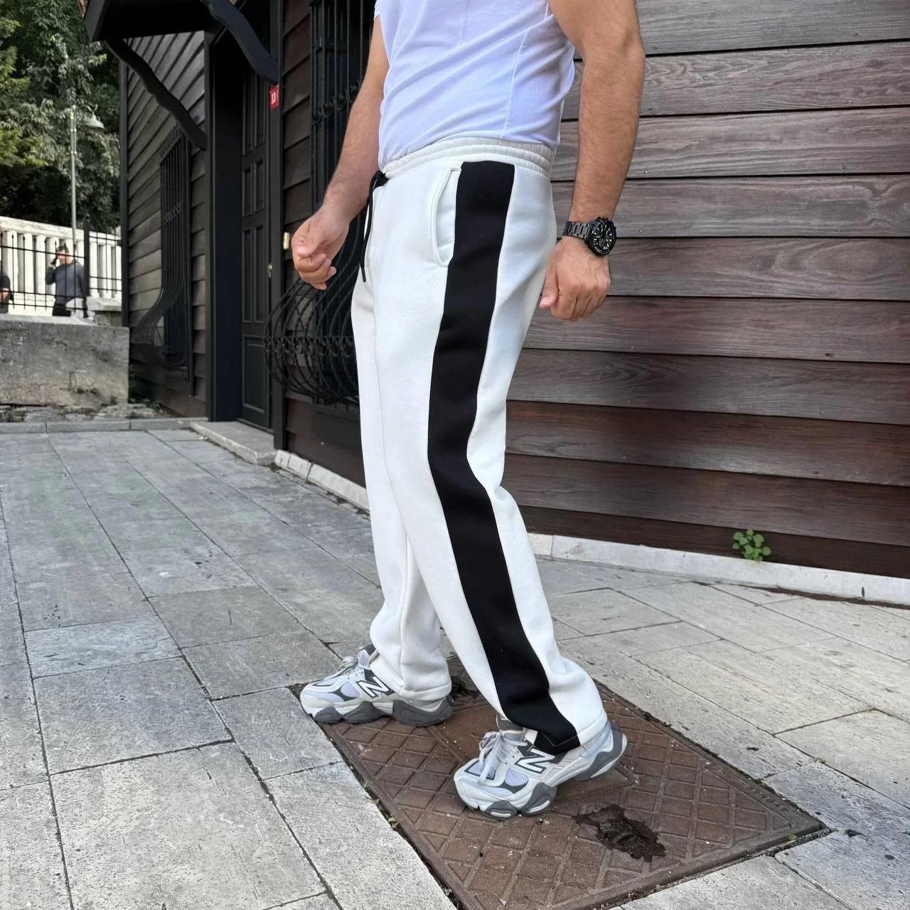 Erkek Üç İplik Kışlık Pamuklu Yandan Garneli Kalın Şeritli Cepli Eşofman Altı - Beyaz