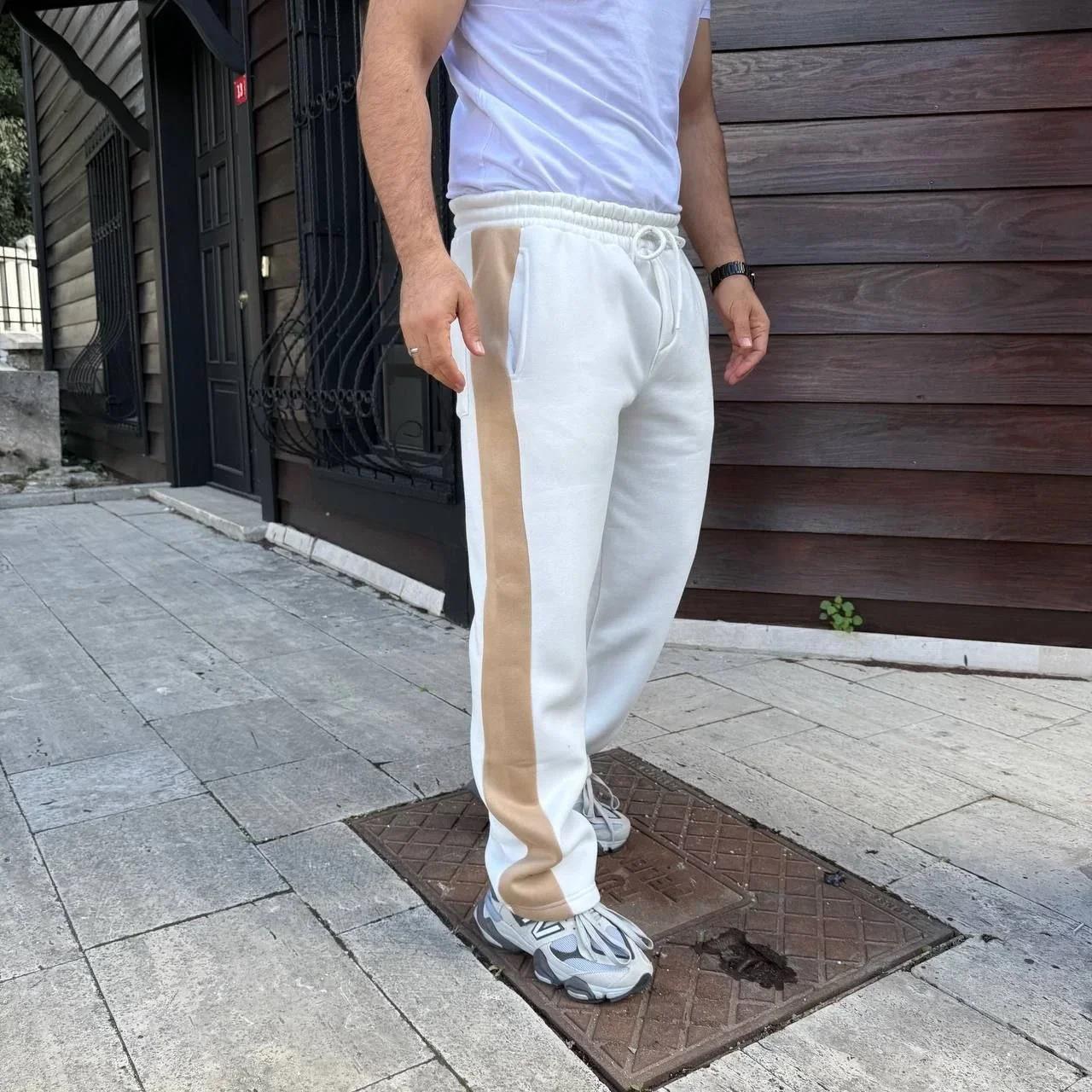 Erkek Üç İplik Kışlık Pamuklu Yandan Garneli Kalın Bej Şeritli Cepli Eşofman Altı - Beyaz