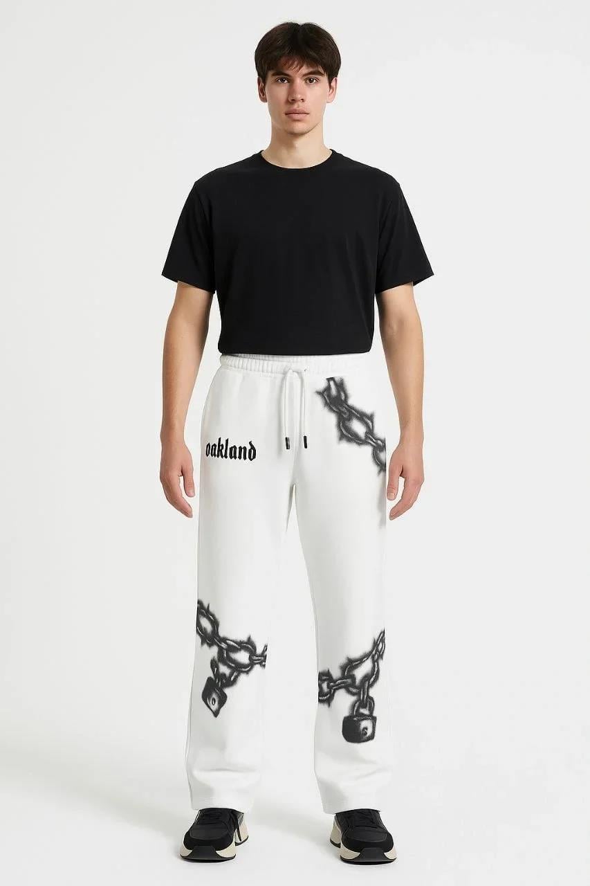 Erkek Üç İplik Pamuklu Baskılı Cepli Jogger Buggy Pantalon Oversize Kalıp - Beyaz