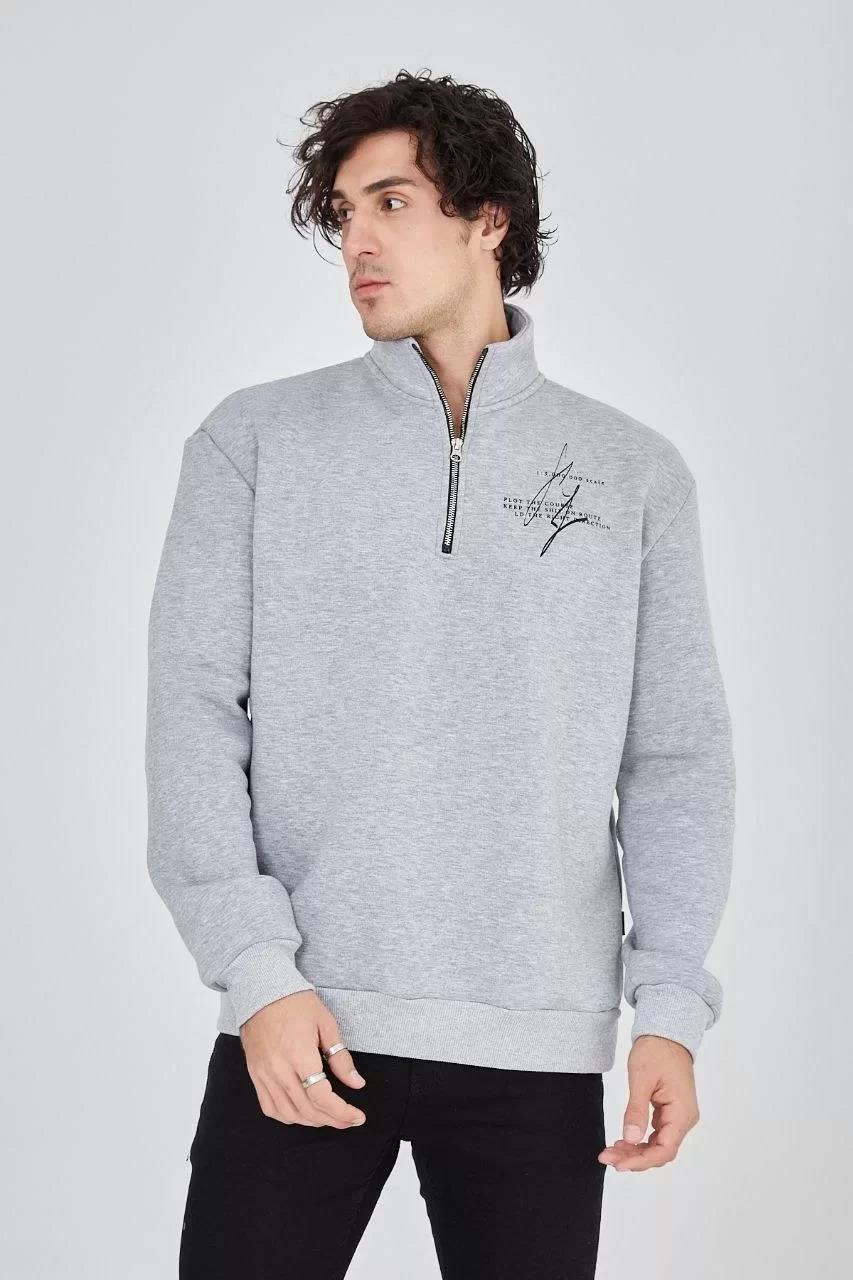 Erkek Yarım Fermuarlı Baskılı Sweat - Gri