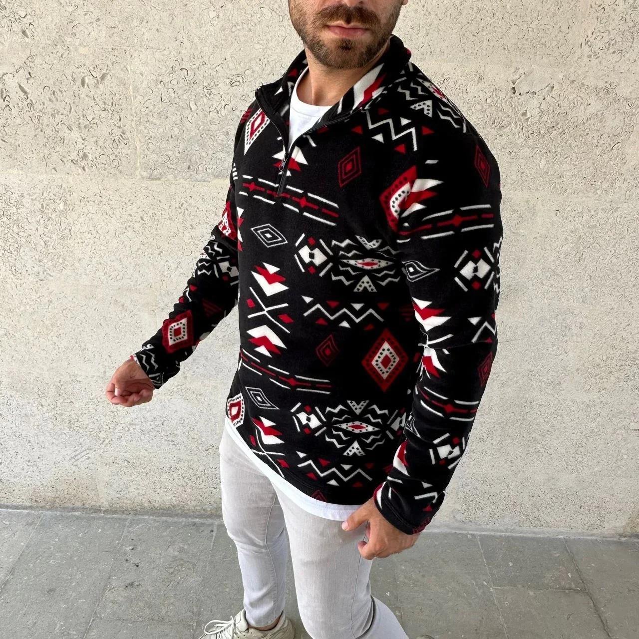 Erkek Yarım Fermuarlı Desenli Polar Sweat Tribal Etnik Desen Yakalı, Uzun Kollu, Oversize Rahat Kalıp, - Siyah