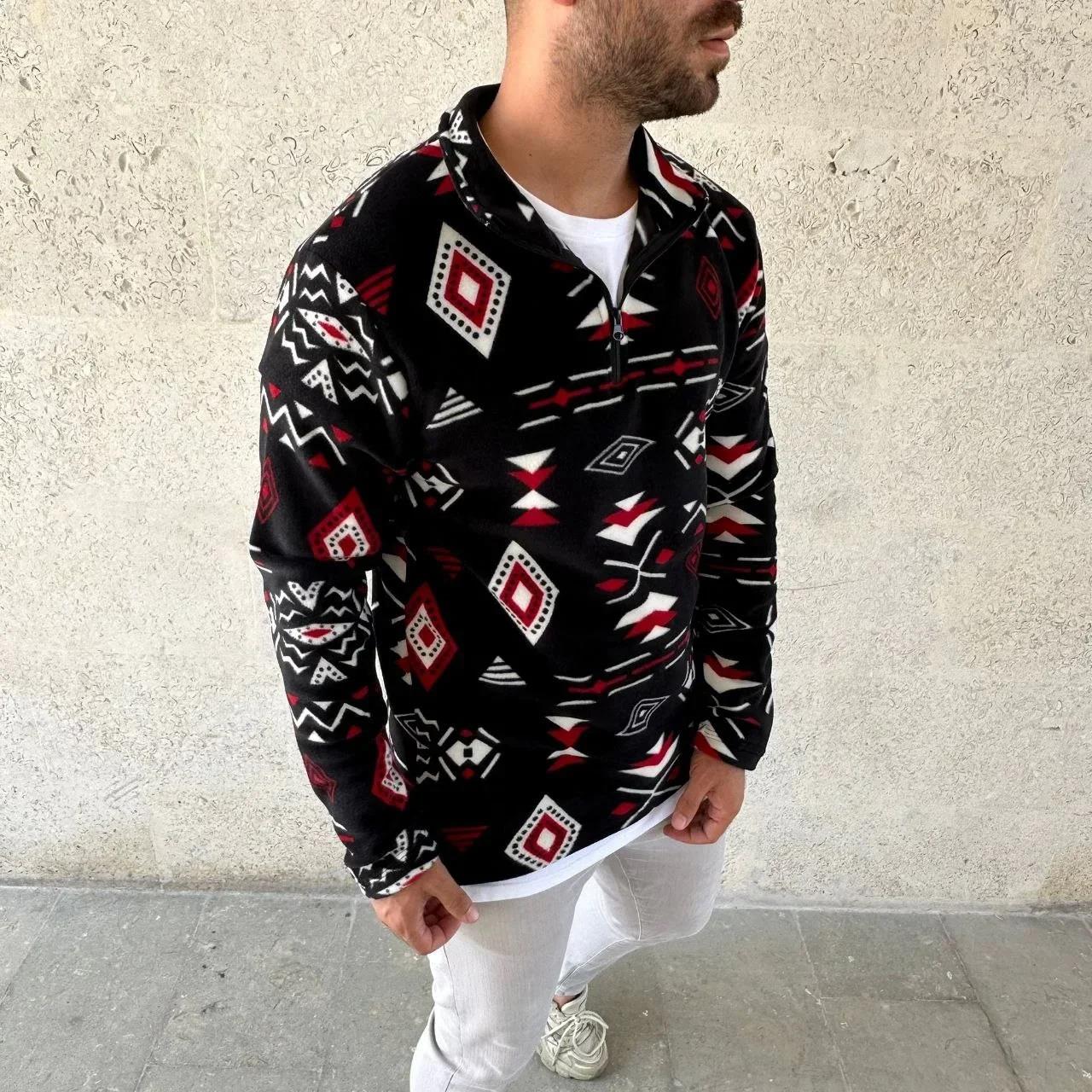 Erkek Yarım Fermuarlı Desenli Polar Sweat Tribal Etnik Desen Yakalı, Uzun Kollu, Oversize Rahat Kalıp, - Siyah