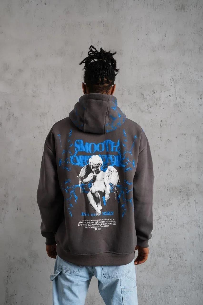 Erkek Yıldırım Baskılı Kapşonlu Sweatshirt - Gri