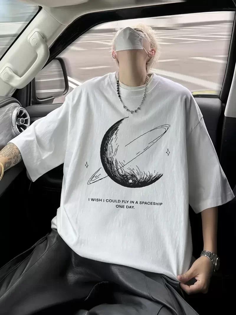 Erkekler için Siyah Tişört Grafik Genç Emo Vintage Gotik Rahat Büyük Beden Kısa Kollu Tişört Giysi Üst - Beyaz