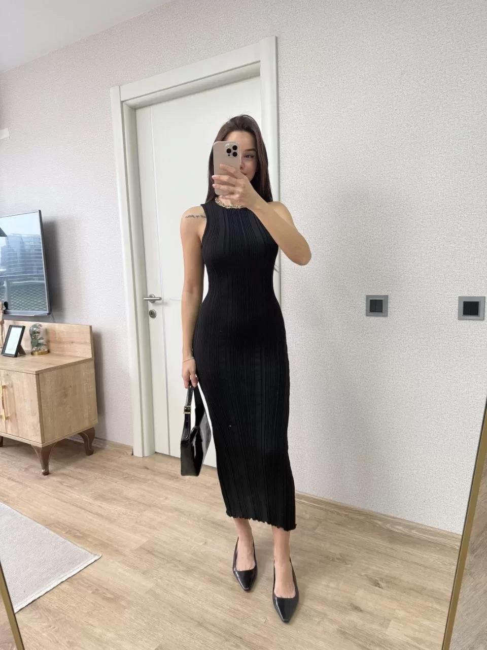 Fitilli Triko Elbise Kolsuz Sırtı Kapalı Maxi Uzun Boy - Siyah