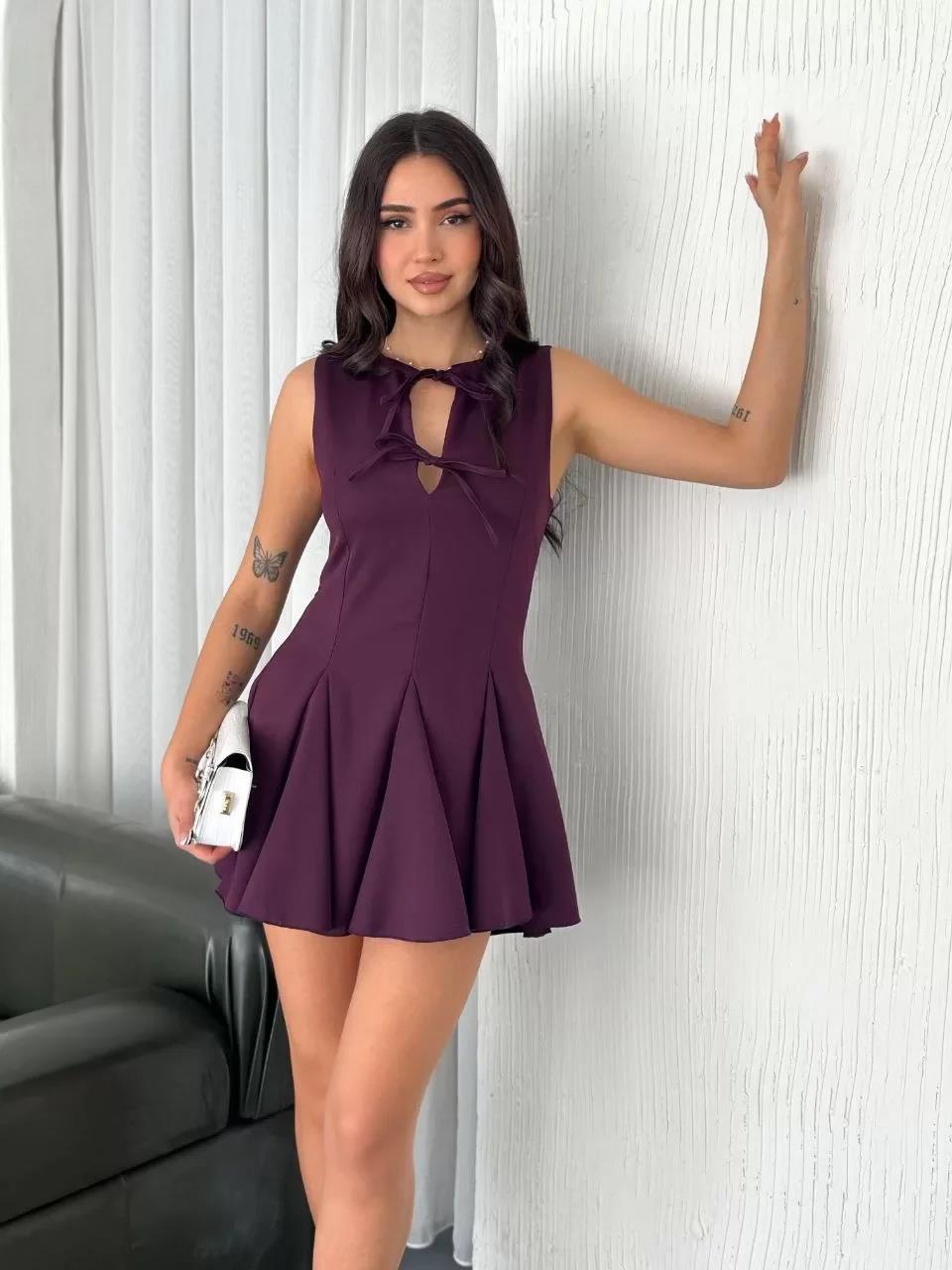 Göğüs Bağlamalı Kolsuz Mini Boy Elbise - Gül Kurusu