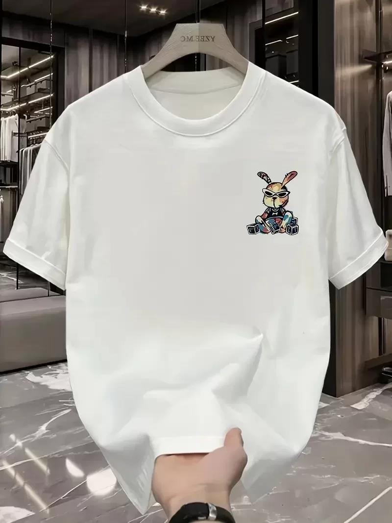 Güneş Gözlüğü Grafikli Karikatür Tavşan Oversize Kısa Kollu Tişört Çift Tişört, İlkbahar Ve Yaz - Beyaz