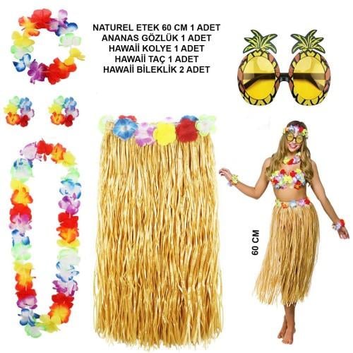 Hawaii Parti Kostüm Seti - 60 cm Hasır Etek, Çiçekli Aksesuarlar ve Ananas Gözlük