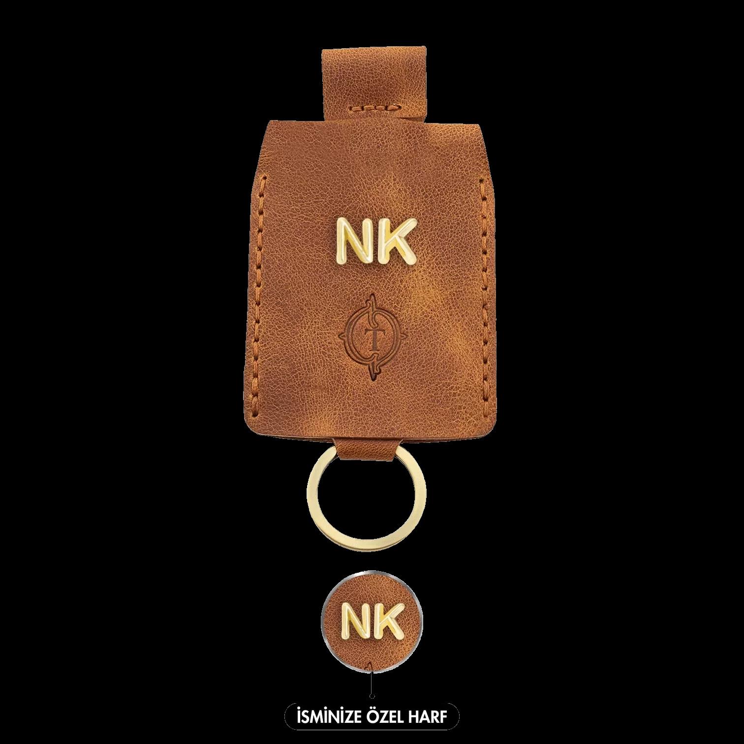 İsme Özel Çıtçıtlı Anahtarlık - % 100 Rainbow Deri - AG01001 - Camel
