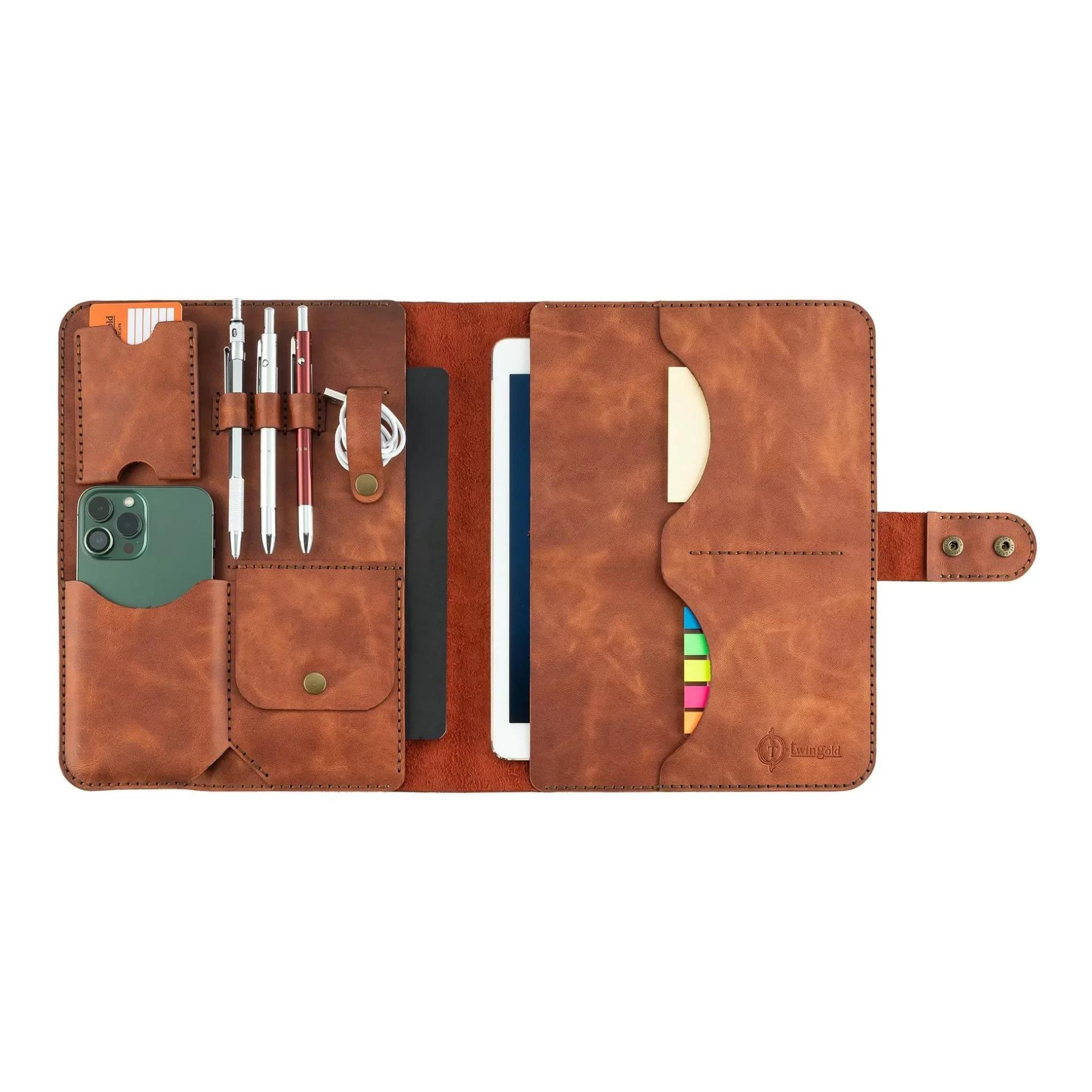 İsme Özel Çıtçıtlı Fonksiyonlu iPad Organizer - %100 Rainbow Deri - ET01002 - Tobacco