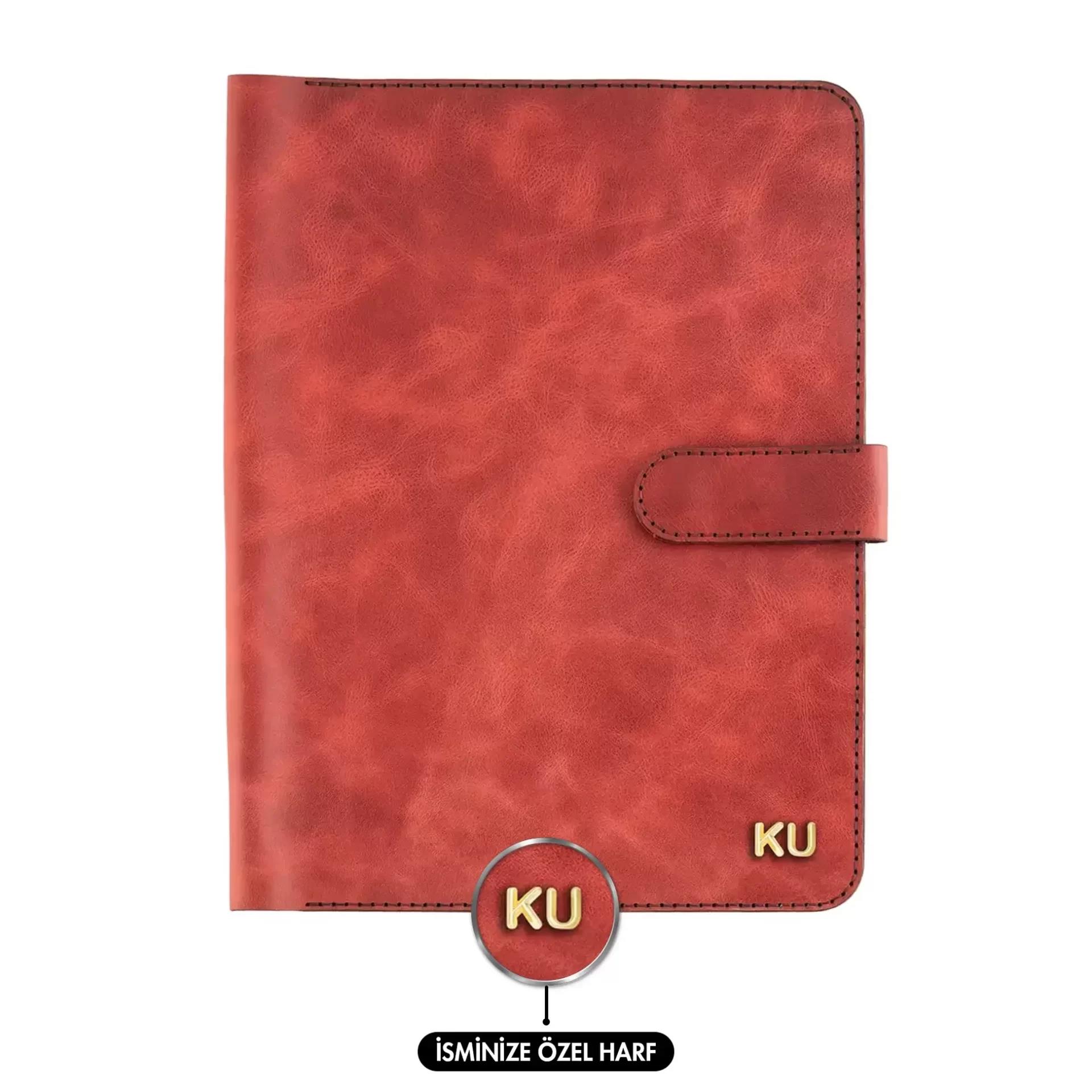 İsme Özel Çıtçıtlı Fonksiyonlu iPad Organizer - %100 Rainbow Deri - ET01002 - Kırmızı