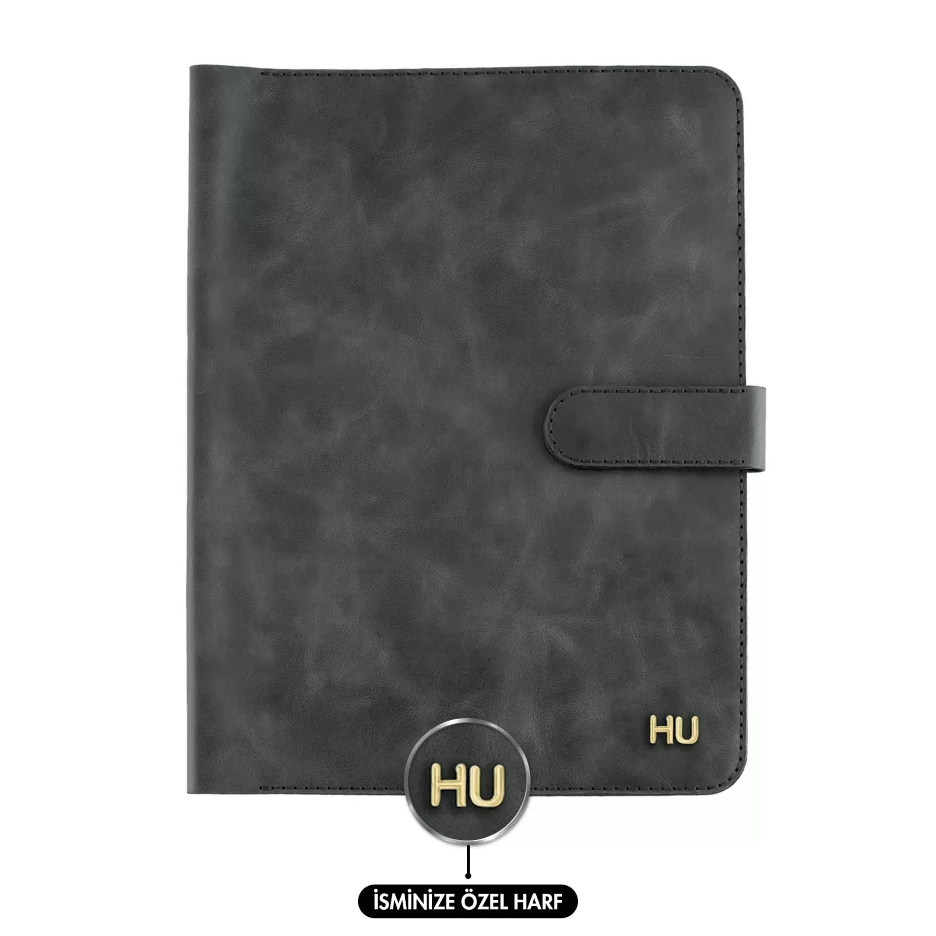 İsme Özel Çıtçıtlı Fonksiyonlu iPad Organizer - %100 Rainbow Deri - ET01002 - Antrasit