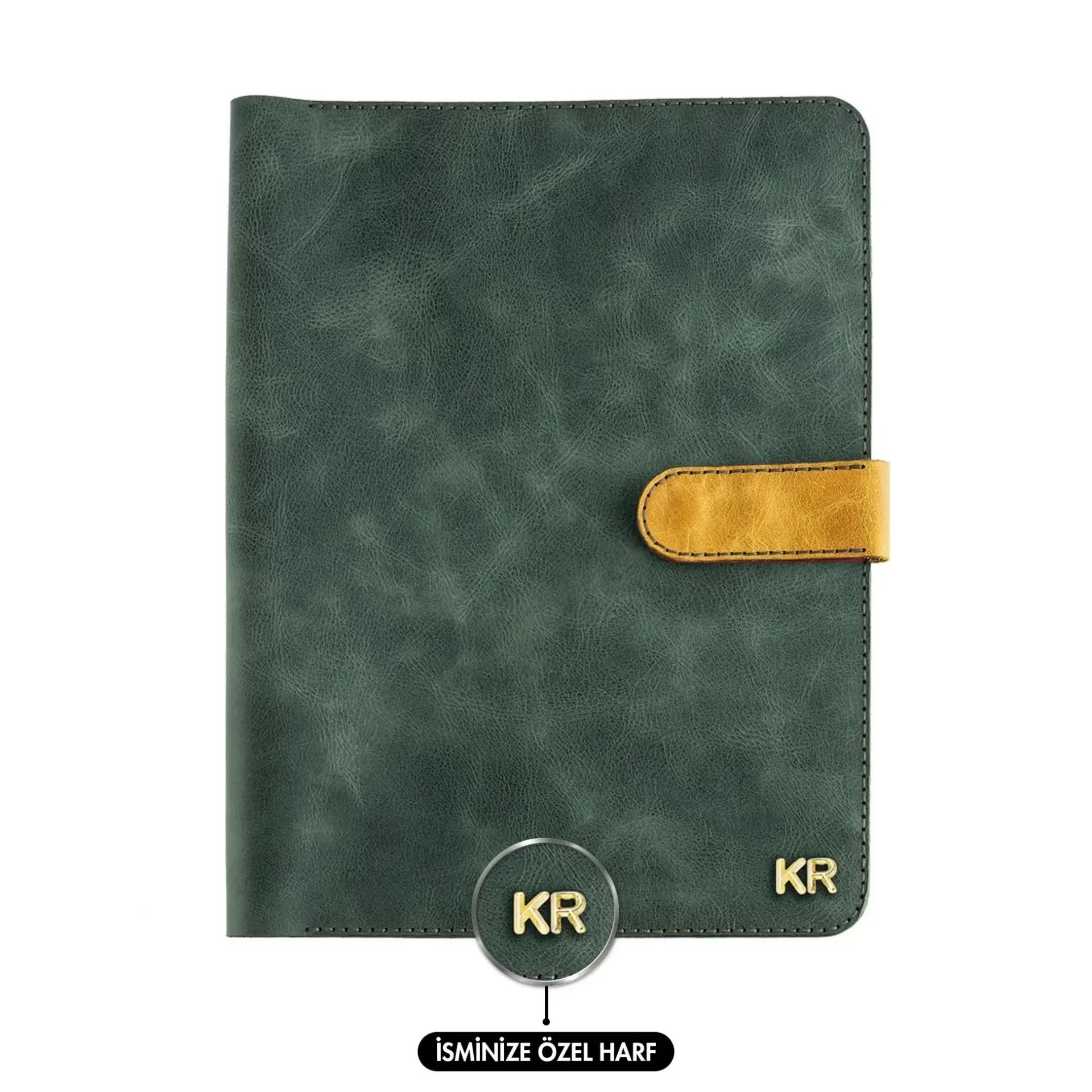 İsme Özel Çıtçıtlı Fonksiyonlu Macbook Organizer - %100 Rainbow Deri - ET02001 - Yeşil - Kırmızı