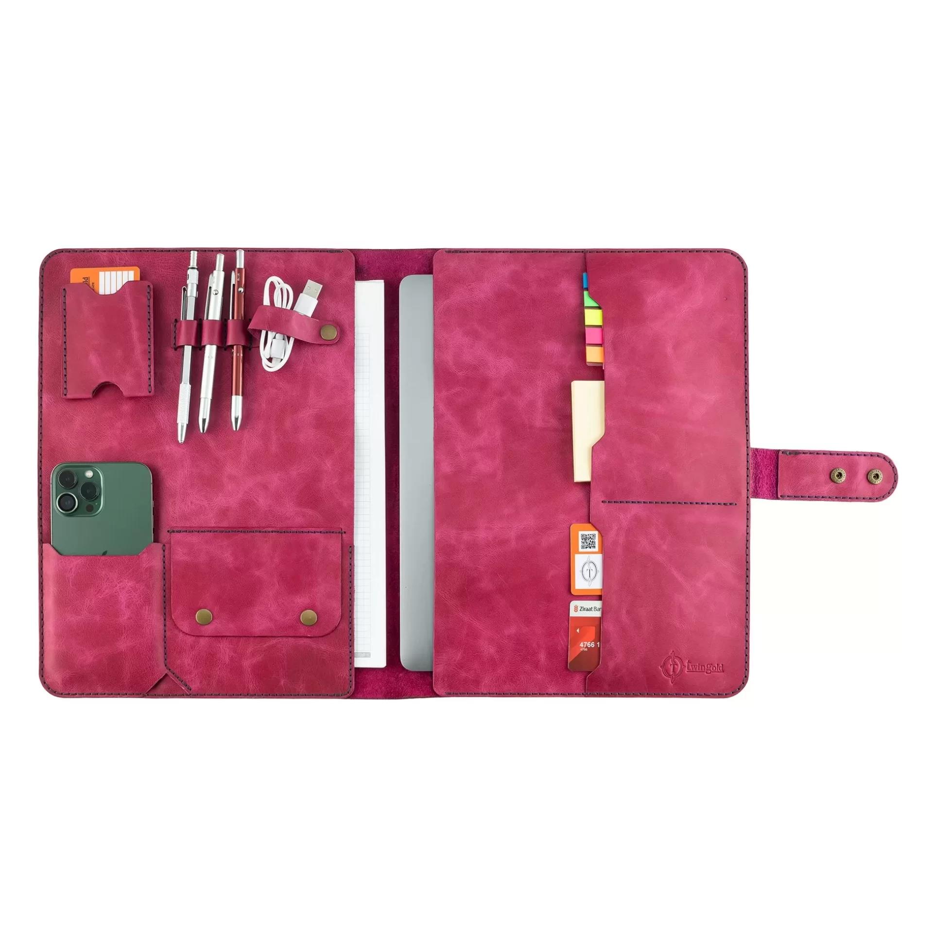 İsme Özel Çıtçıtlı Fonksiyonlu Macbook Organizer - %100 Rainbow Deri - ET02001 - Fuşya