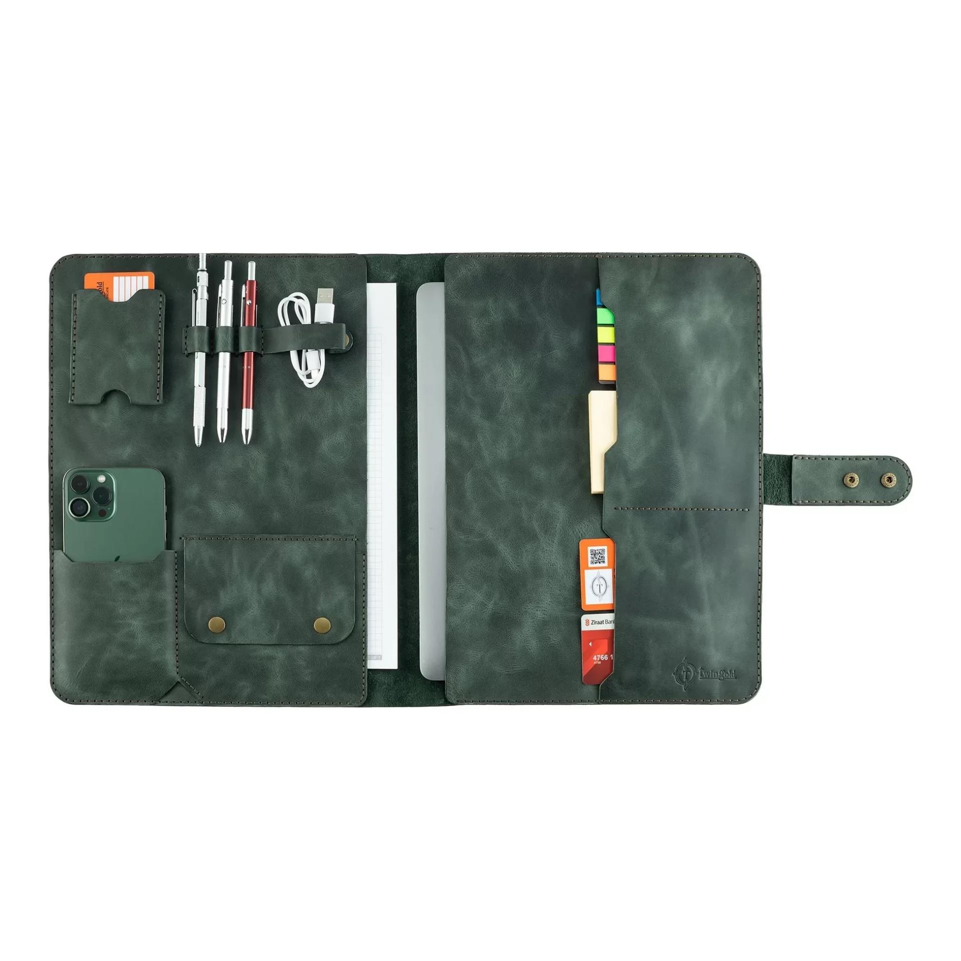 İsme Özel Çıtçıtlı Fonksiyonlu Macbook Organizer - %100 Rainbow Deri - ET02001 - Haki