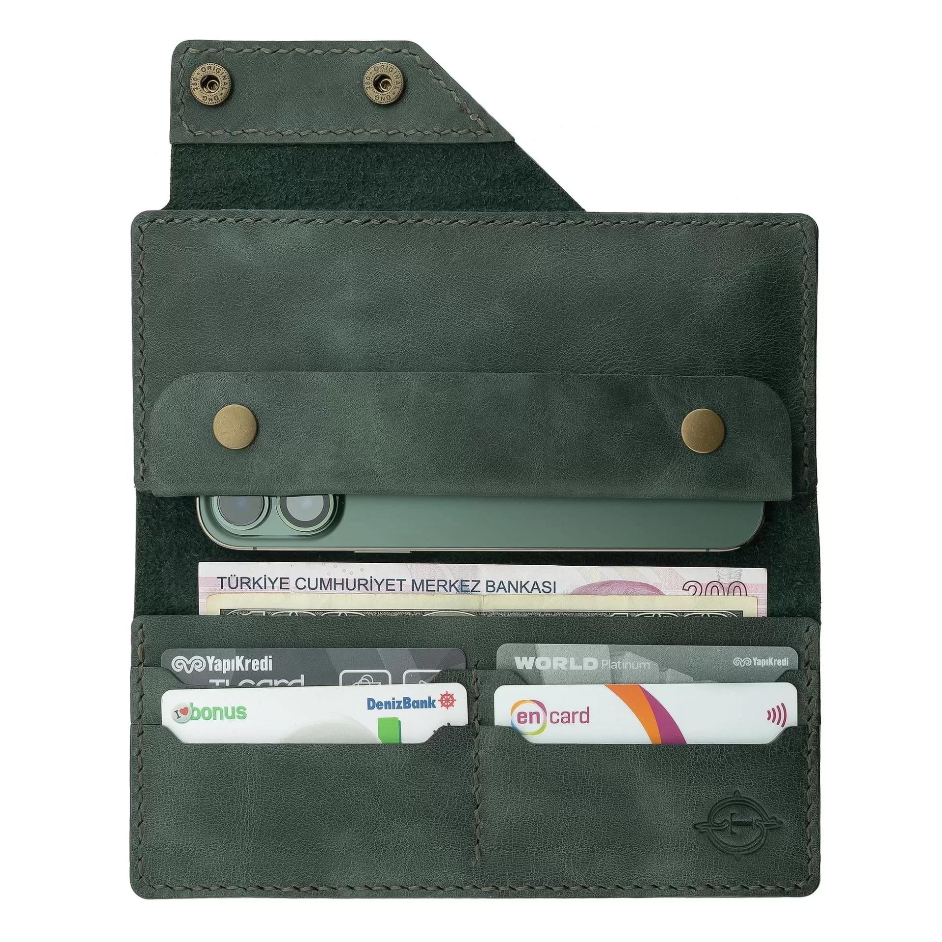 İsme Özel Dikey Çıtçıtlı Uzun Cüzdan - %100 Rainbow Deri - A010006 - Haki