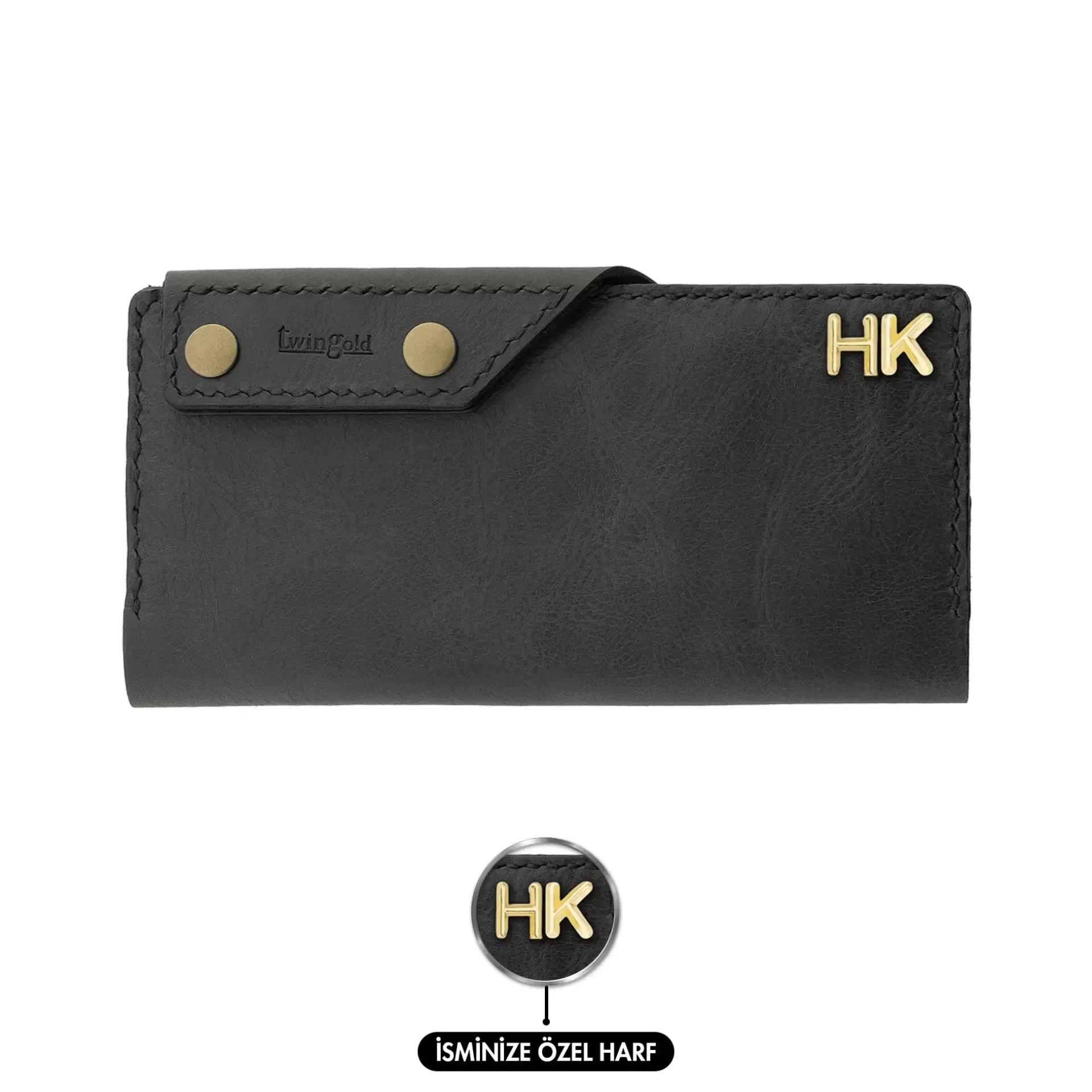 İsme Özel Dikey Çıtçıtlı Uzun Cüzdan - %100 Rainbow Deri - A010006 - Antrasit