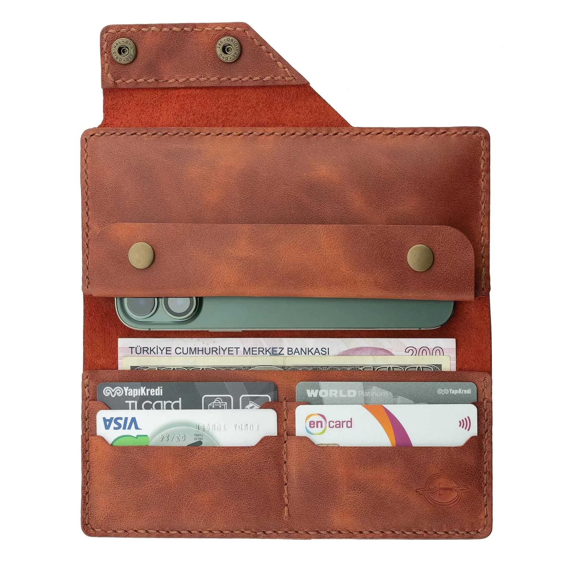 İsme Özel Dikey Çıtçıtlı Uzun Cüzdan - %100 Rainbow Deri - A010006 - Tobacco