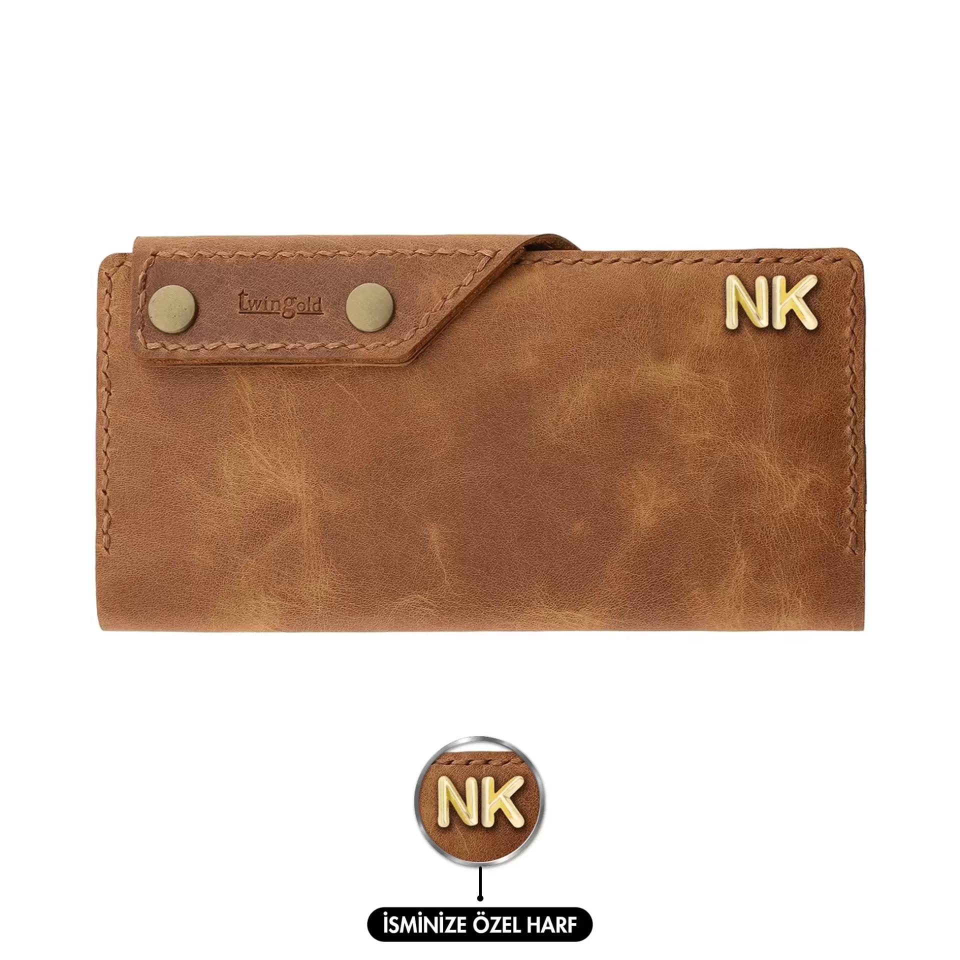 İsme Özel Dikey Çıtçıtlı Uzun Cüzdan - %100 Rainbow Deri - A010006 - Camel