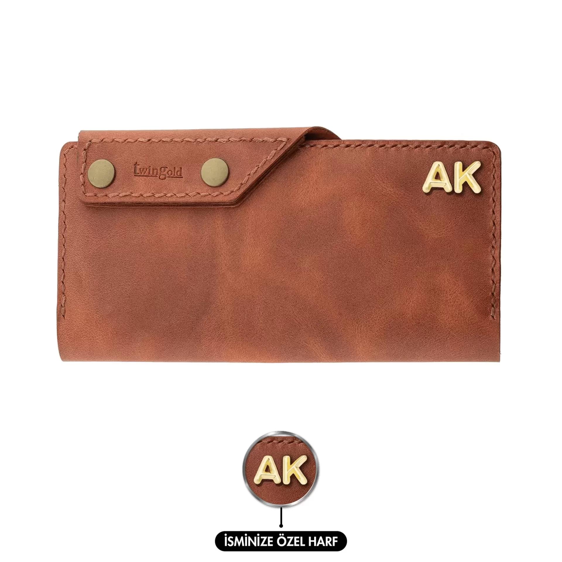 İsme Özel Dikey Çıtçıtlı Uzun Cüzdan - %100 Rainbow Deri - A010006 - Tobacco