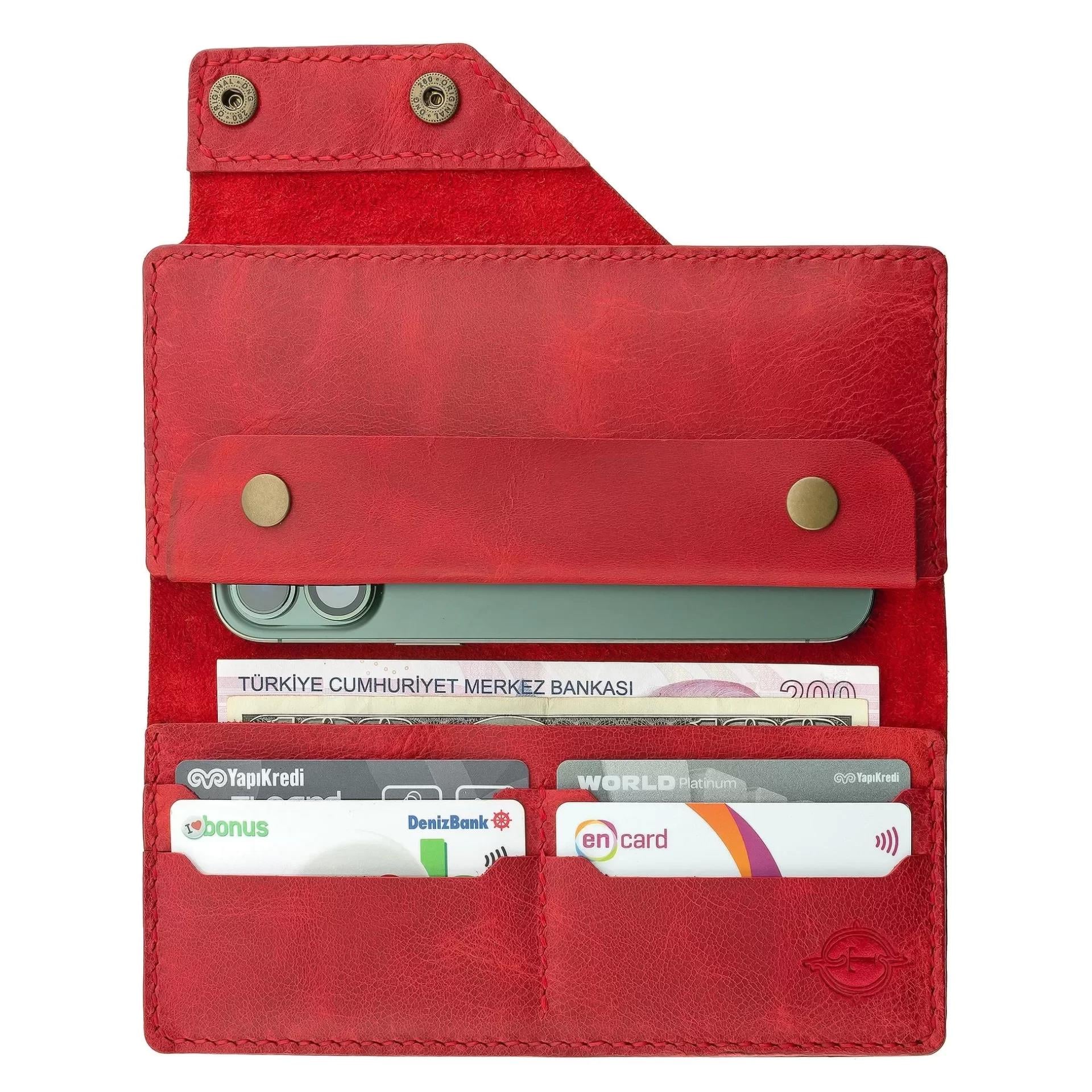 İsme Özel Dikey Çıtçıtlı Uzun Cüzdan - %100 Rainbow Deri - A010006 - Kırmızı