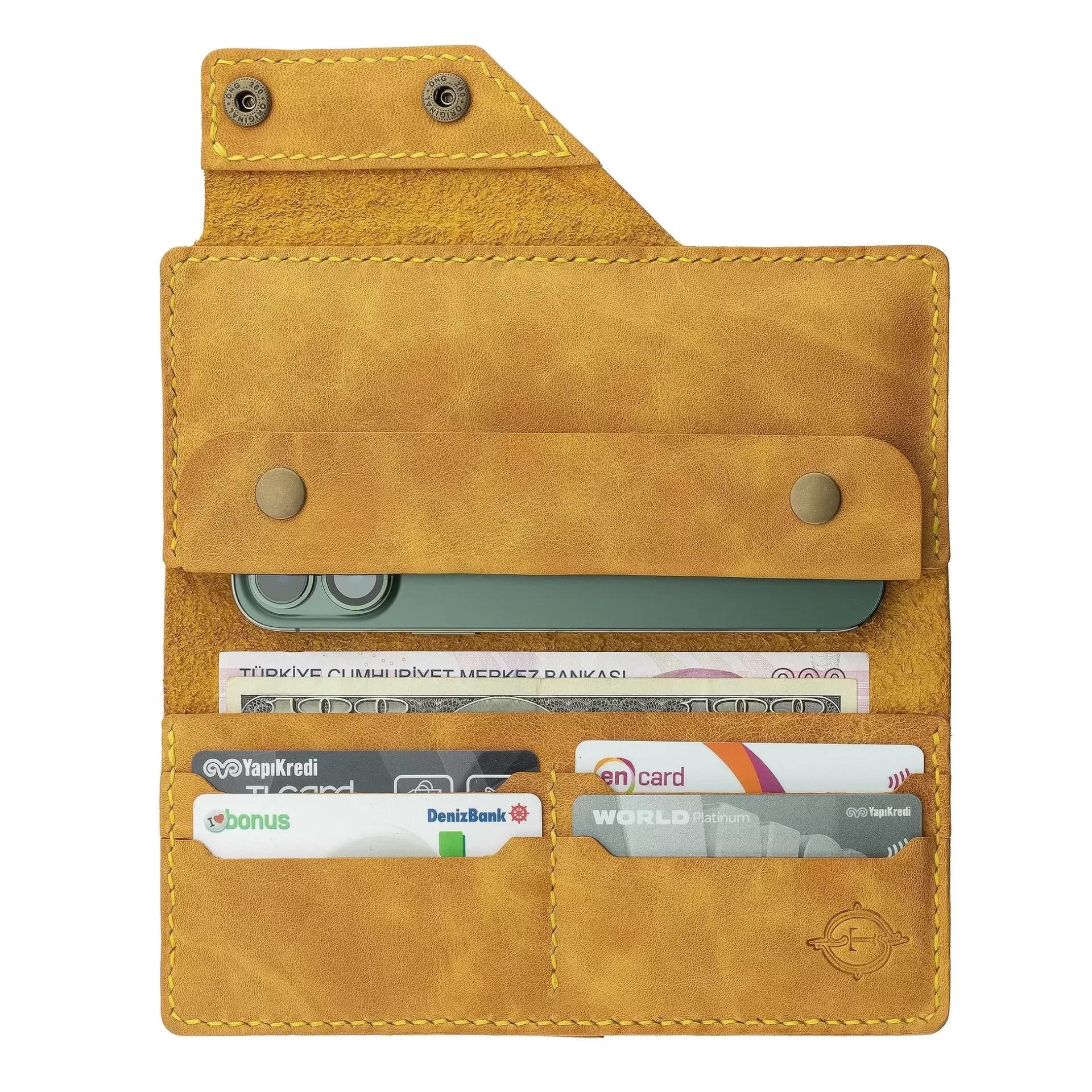 İsme Özel Dikey Çıtçıtlı Uzun Cüzdan - %100 Rainbow Deri - A010006 - Hardal Sarısı