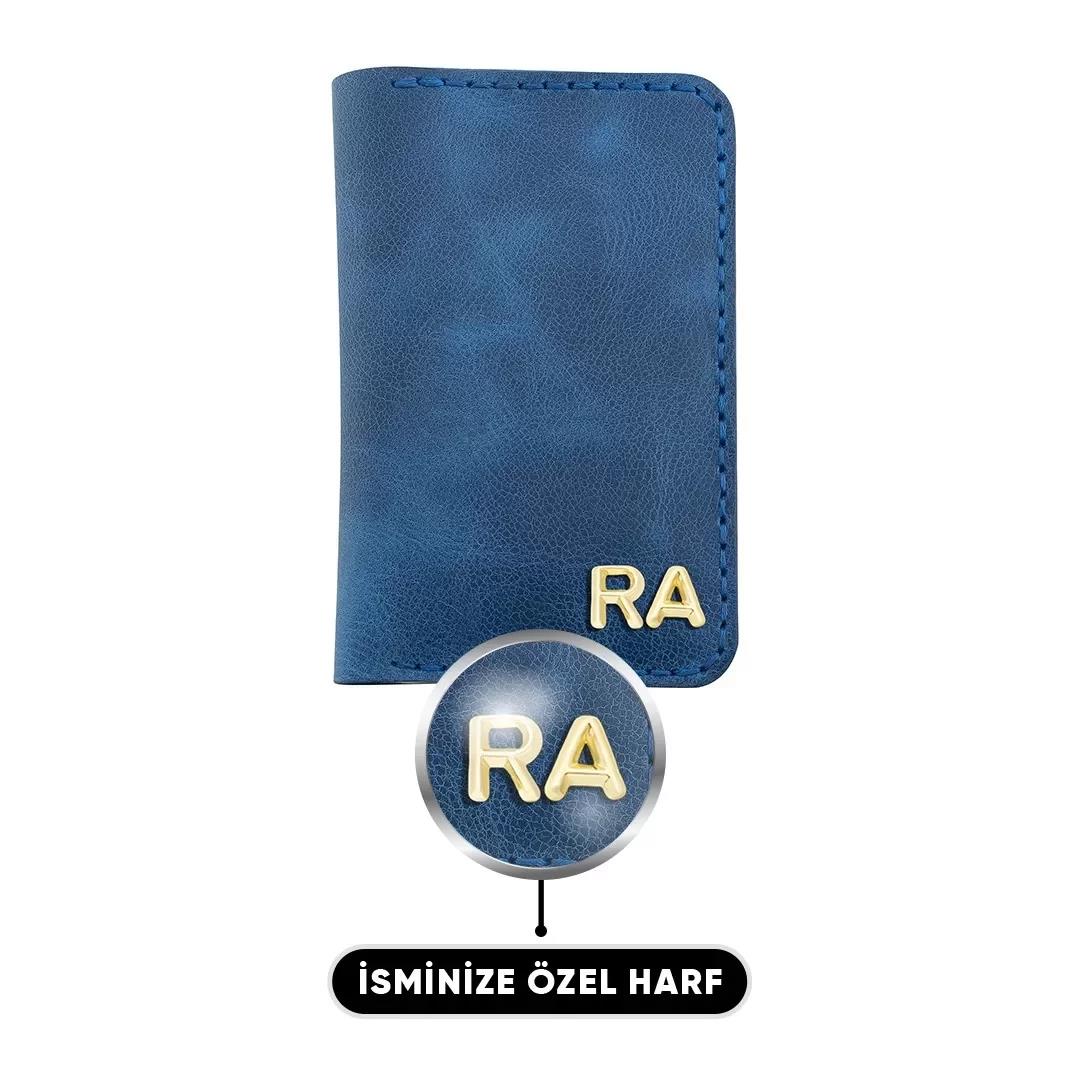 İsme Özel Dikey Mini Cüzdan - %100 Rainbow Deri - A010005 - Saks Mavisi