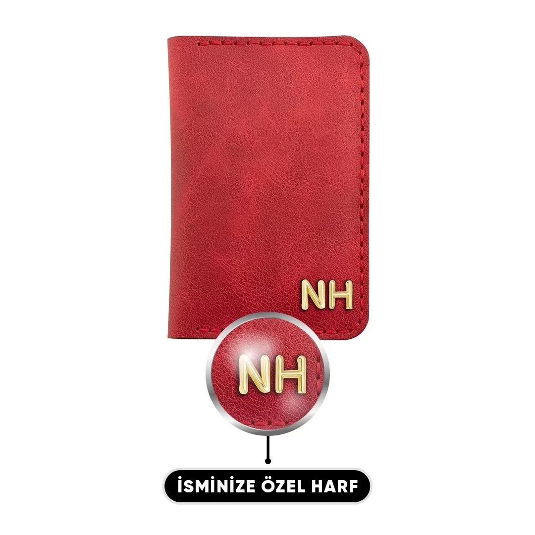 İsme Özel Dikey Mini Cüzdan - %100 Rainbow Deri - A010005 - Kırmızı