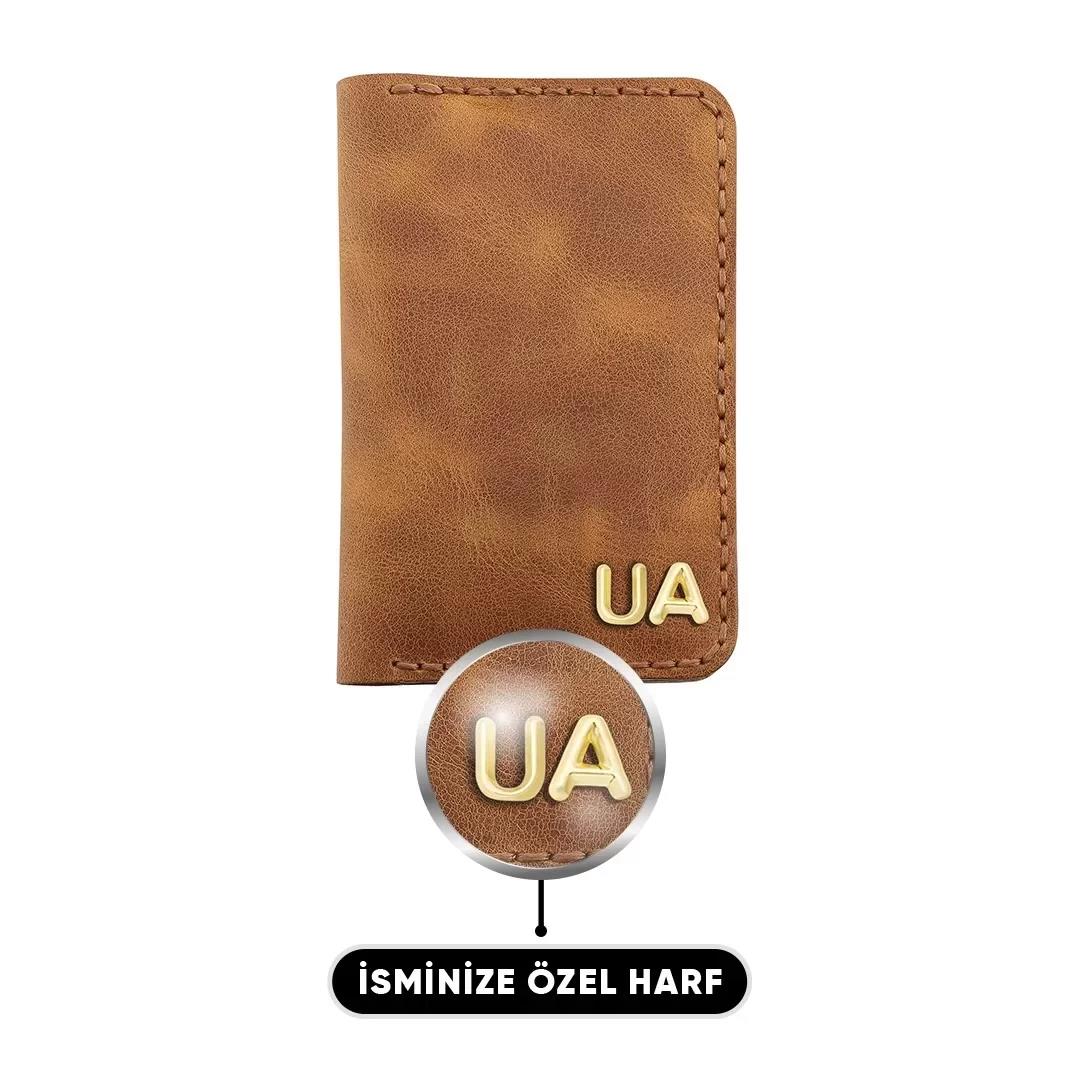 İsme Özel Dikey Mini Cüzdan - %100 Rainbow Deri - A010005 - Camel