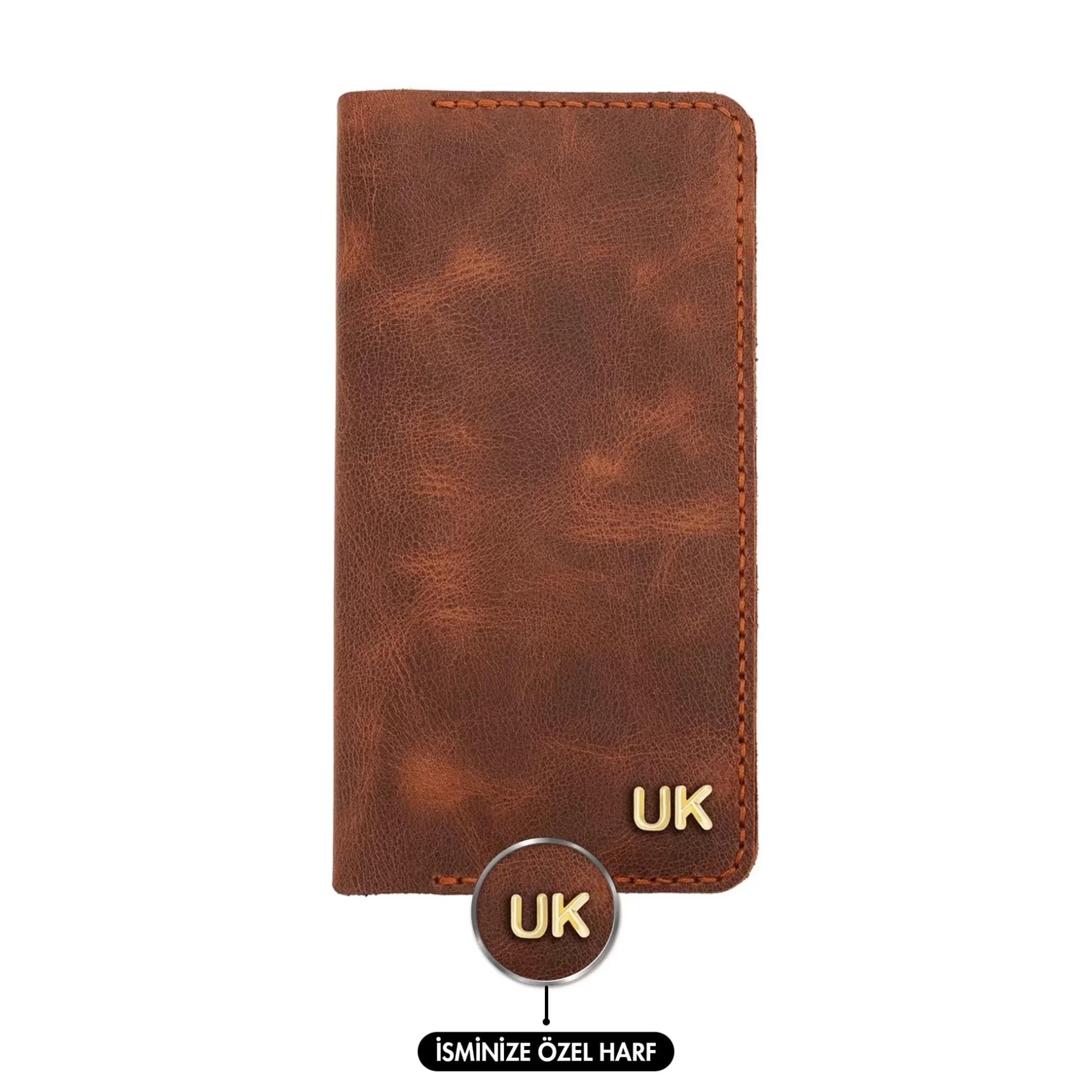 İsme Özel Dikey Uzun Cüzdan - %100 Rainbow Deri - A010007 - Kahverengi