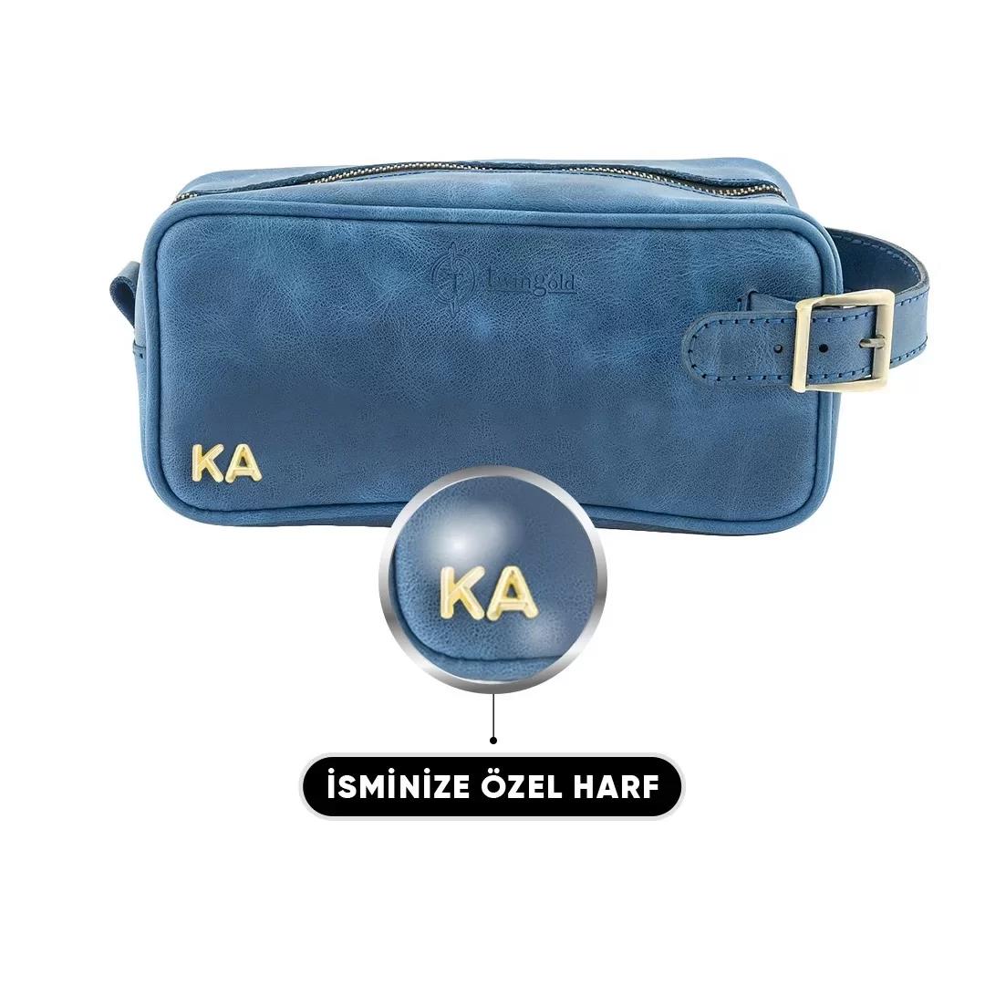 İsme Özel Dopp Kit Kişisel Bakım ve Seyahat Çantası - %100 Rainbow Deri - AC14004 - Saks Mavisi