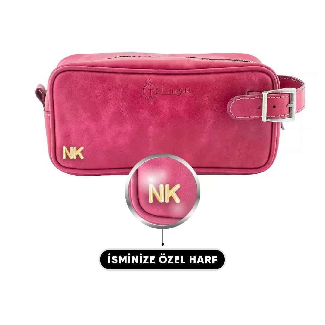 İsme Özel Dopp Kit Kişisel Bakım ve Seyahat Çantası - %100 Rainbow Deri - AC14004 - Fuşya