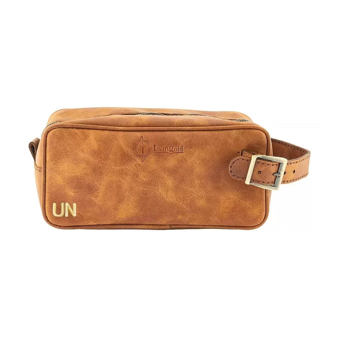 İsme Özel Dopp Kit Kişisel Bakım ve Seyahat Çantası - %100 Rainbow Deri - AC14004 - Camel