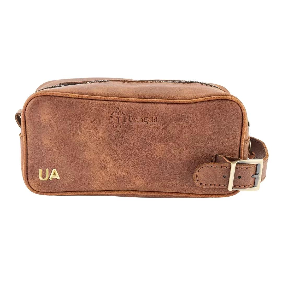 İsme Özel Dopp Kit Kişisel Bakım ve Seyahat Çantası - %100 Rainbow Deri - AC14004 - Kahverengi