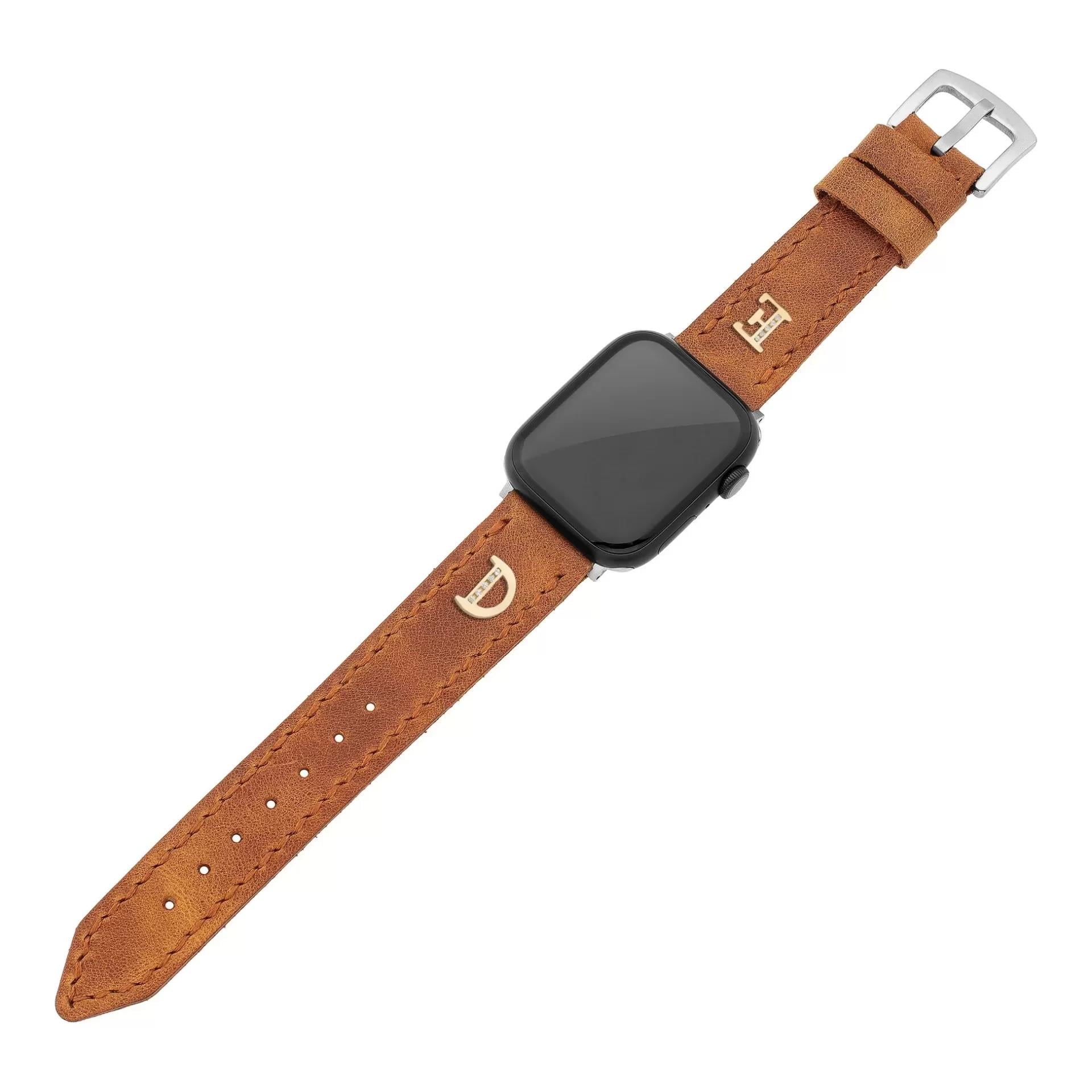 İsme Özel El Dikişli Apple Watch Saat Kordonu - %100 Çift Kat Deri - AG03001 - Camel