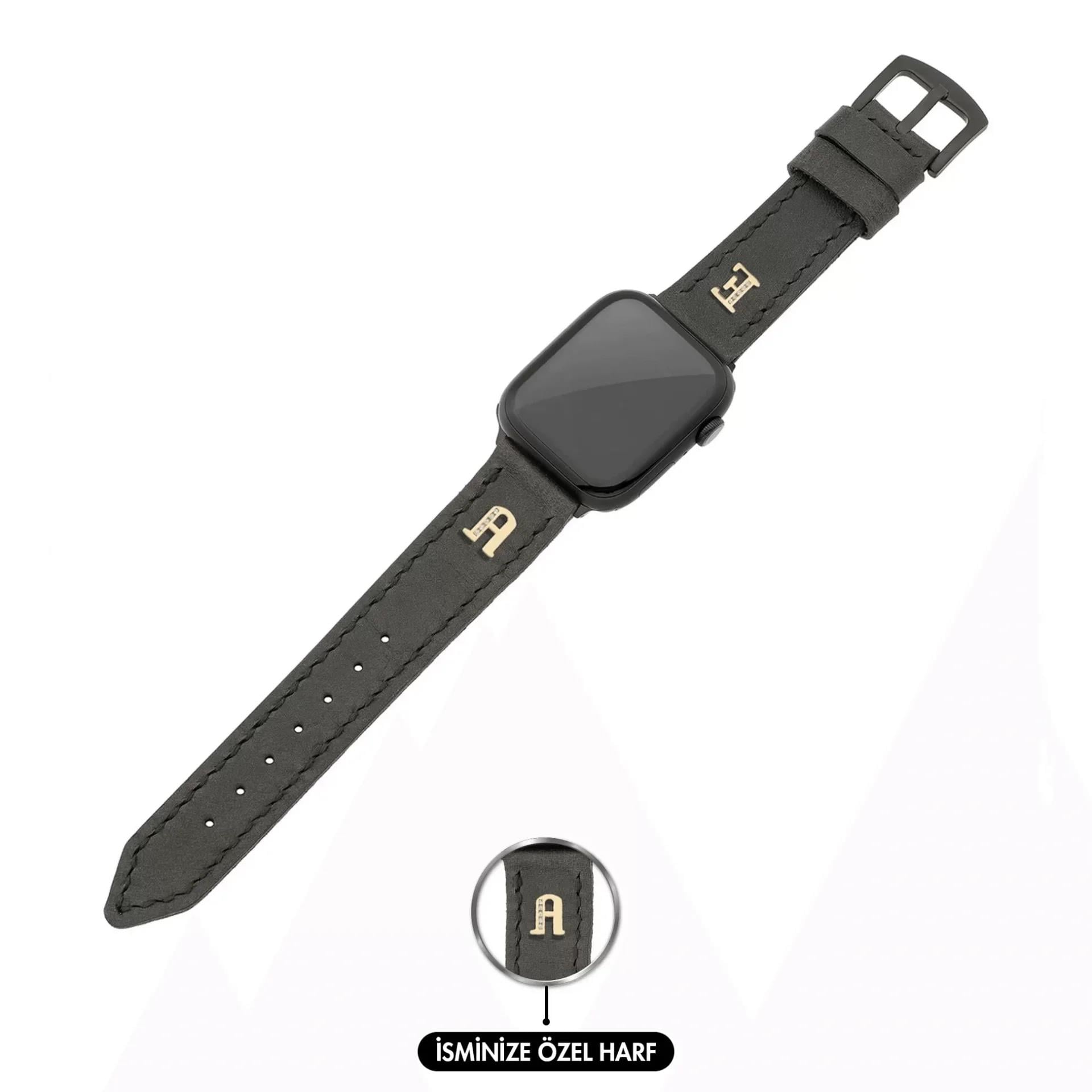 İsme Özel El Dikişli Apple Watch Saat Kordonu - %100 Çift Kat Deri - AG03001 - Antrasit