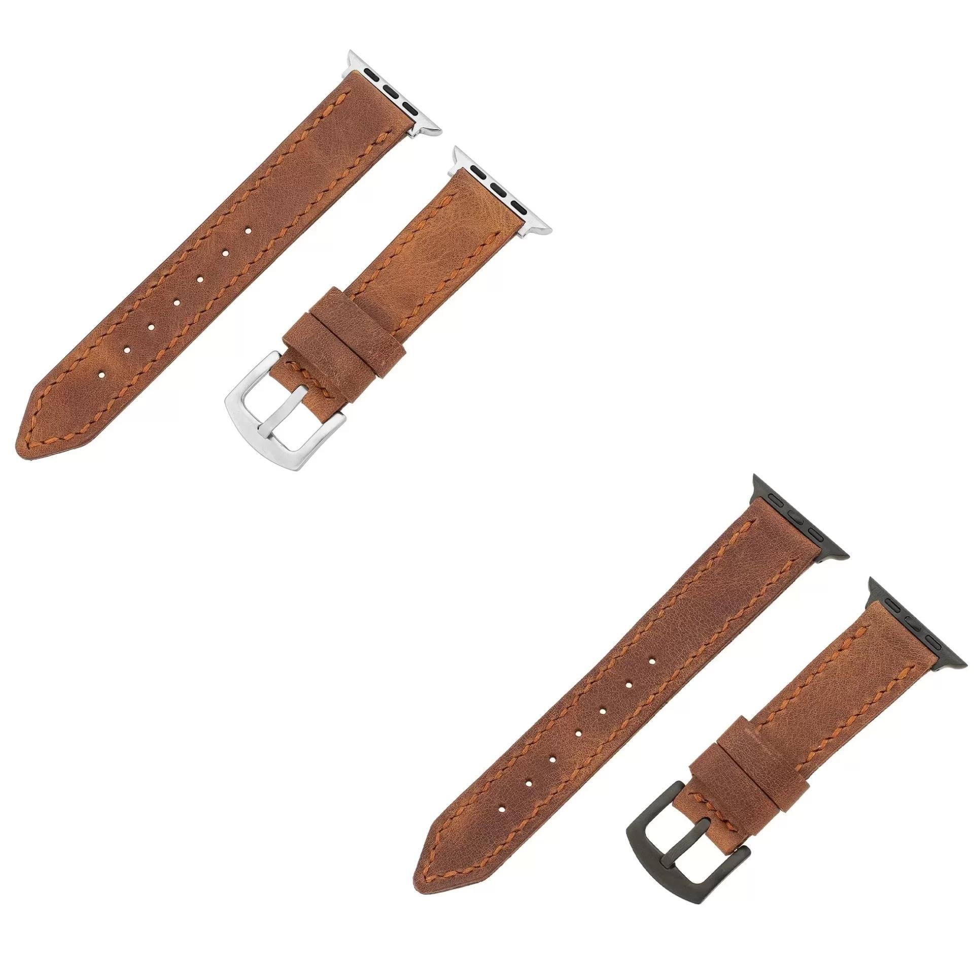 İsme Özel El Dikişli Apple Watch Saat Kordonu - %100 Çift Kat Deri - AG03001 - Kahverengi