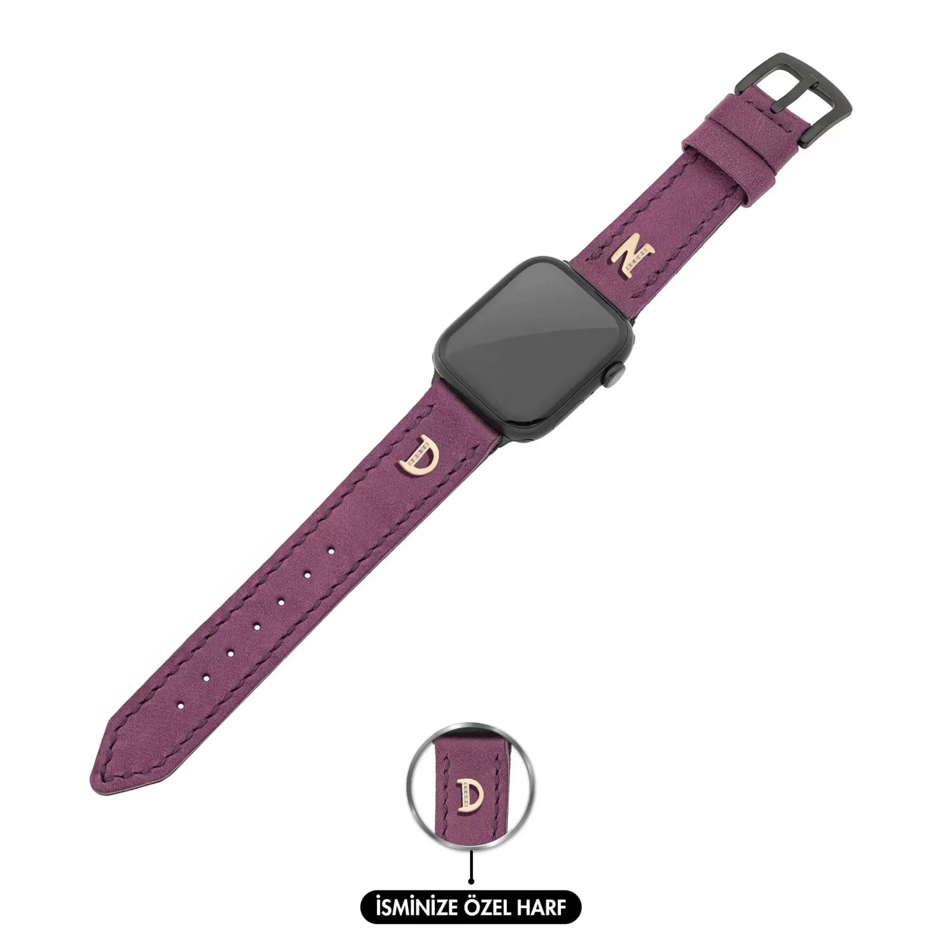 İsme Özel El Dikişli Apple Watch Saat Kordonu - %100 Çift Kat Deri - AG03001 - Mor