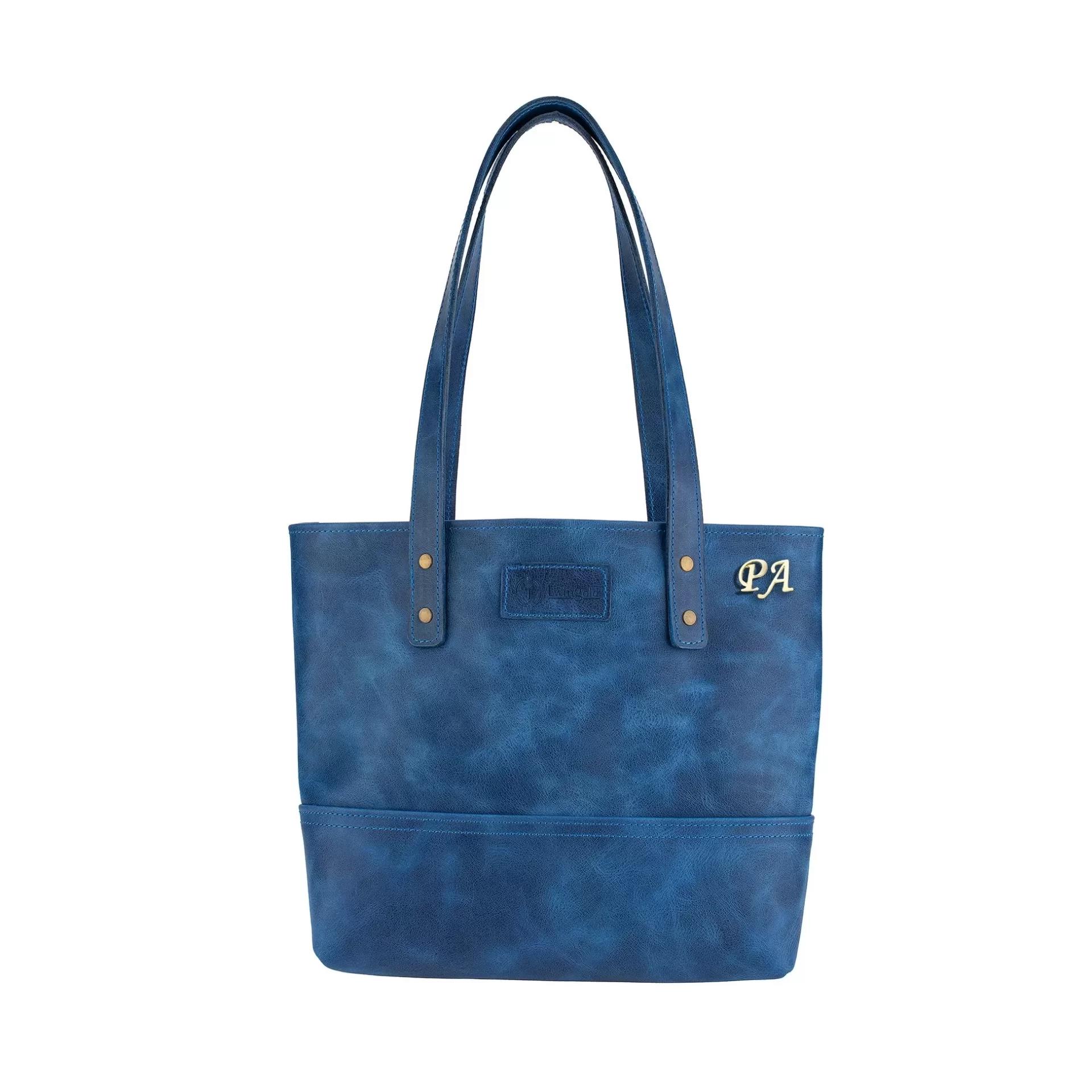 İsme Özel Tote Bag El Omuz Çantası - %100 Rainbow Deri - AC03003 - Saks Mavisi