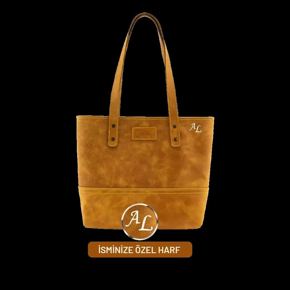 İsme Özel Tote Bag El Omuz Çantası - %100 Rainbow Deri - AC03003 - Hardal Sarısı
