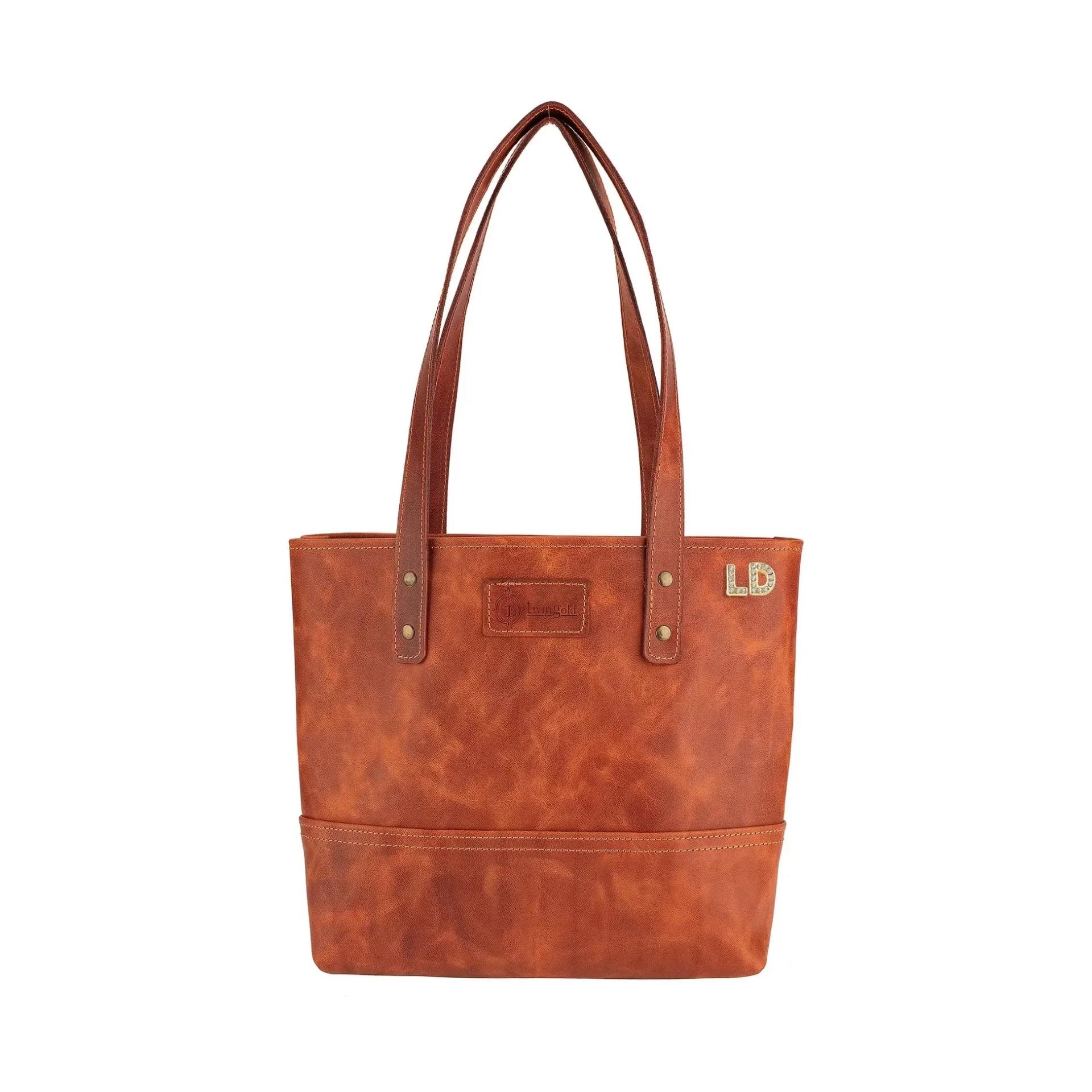 İsme Özel Tote Bag El Omuz Çantası - %100 Rainbow Deri - AC03003 - Tobacco