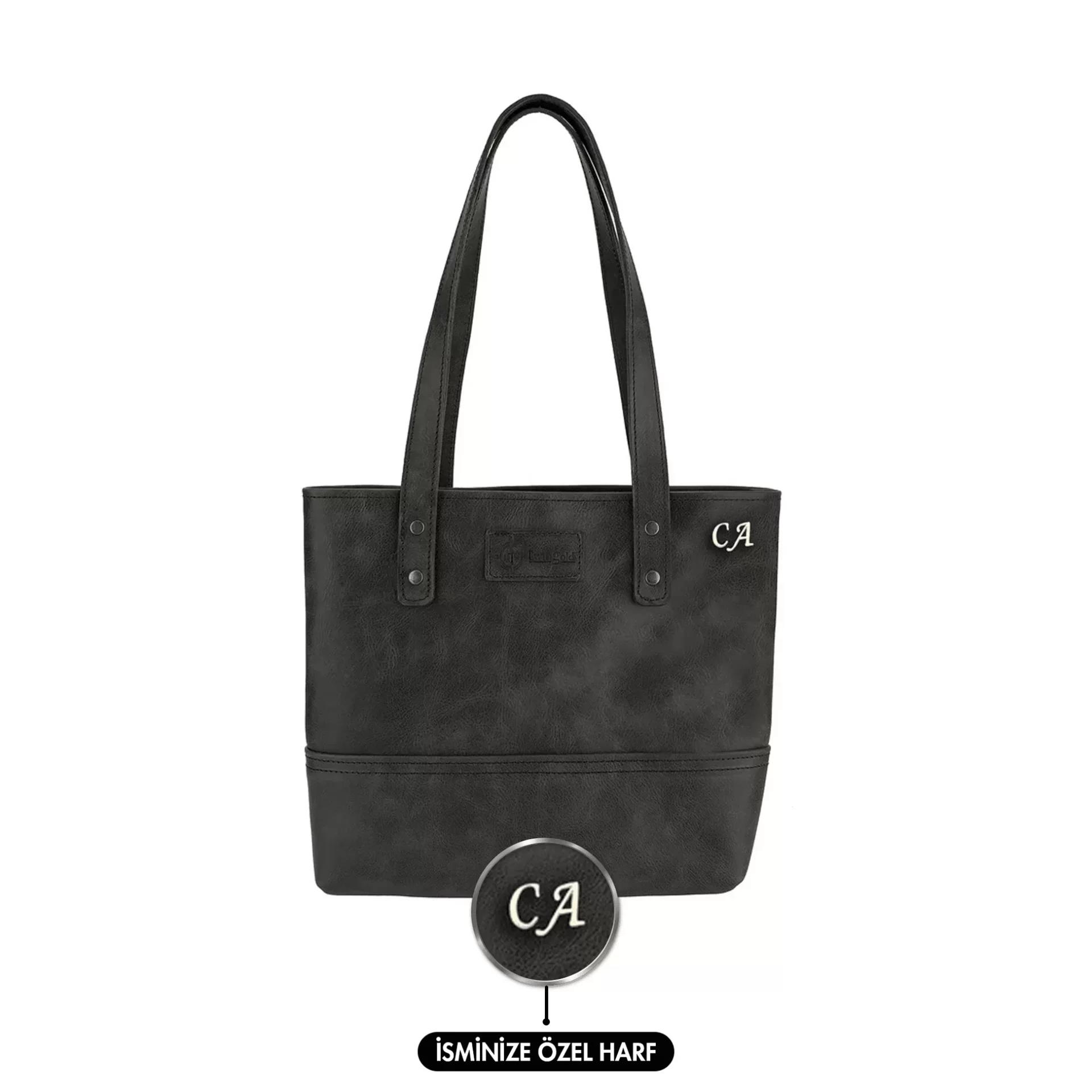 İsme Özel Tote Bag El Omuz Çantası - %100 Rainbow Deri - AC03003 - Antrasit