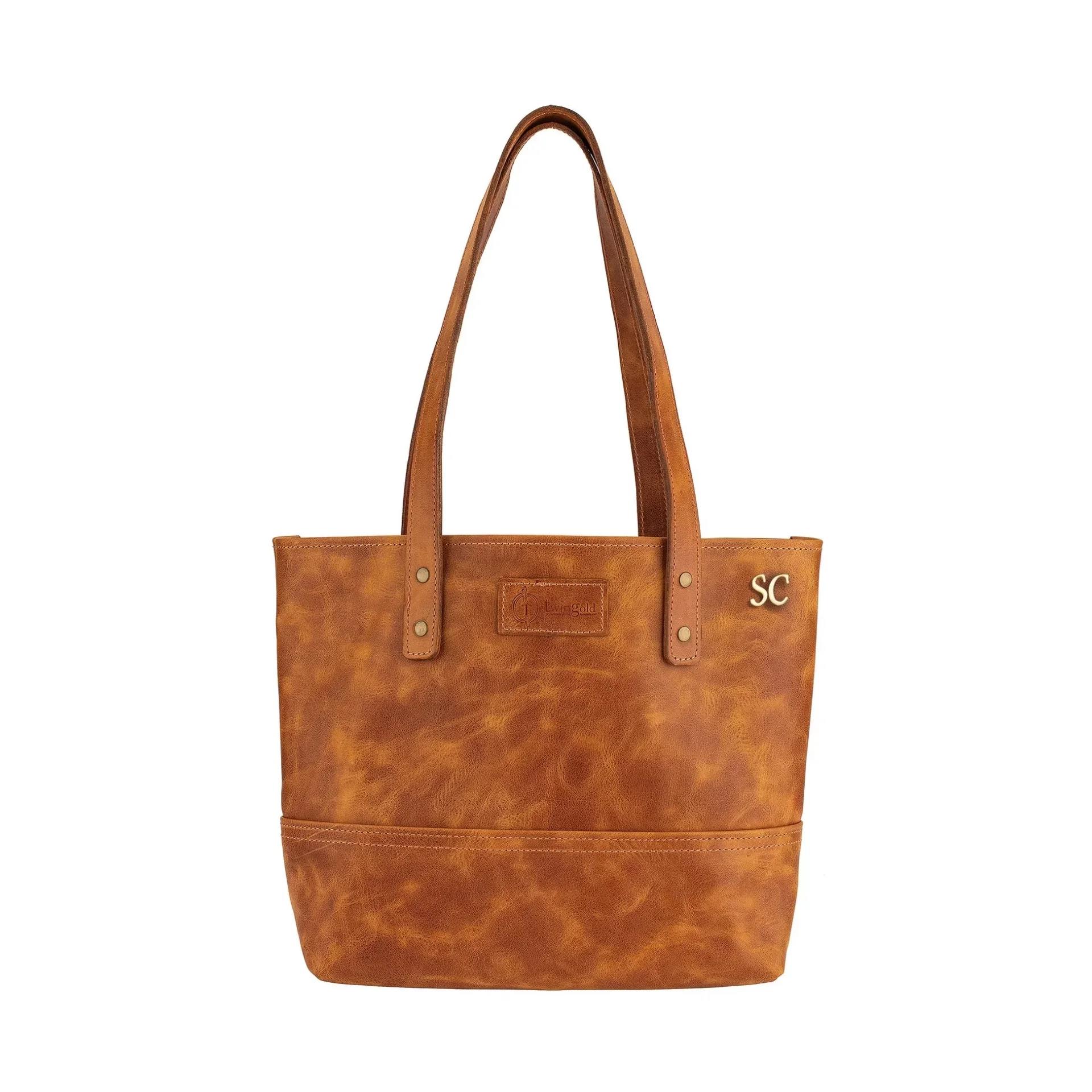 İsme Özel Tote Bag El Omuz Çantası - %100 Rainbow Deri - AC03003 - Camel