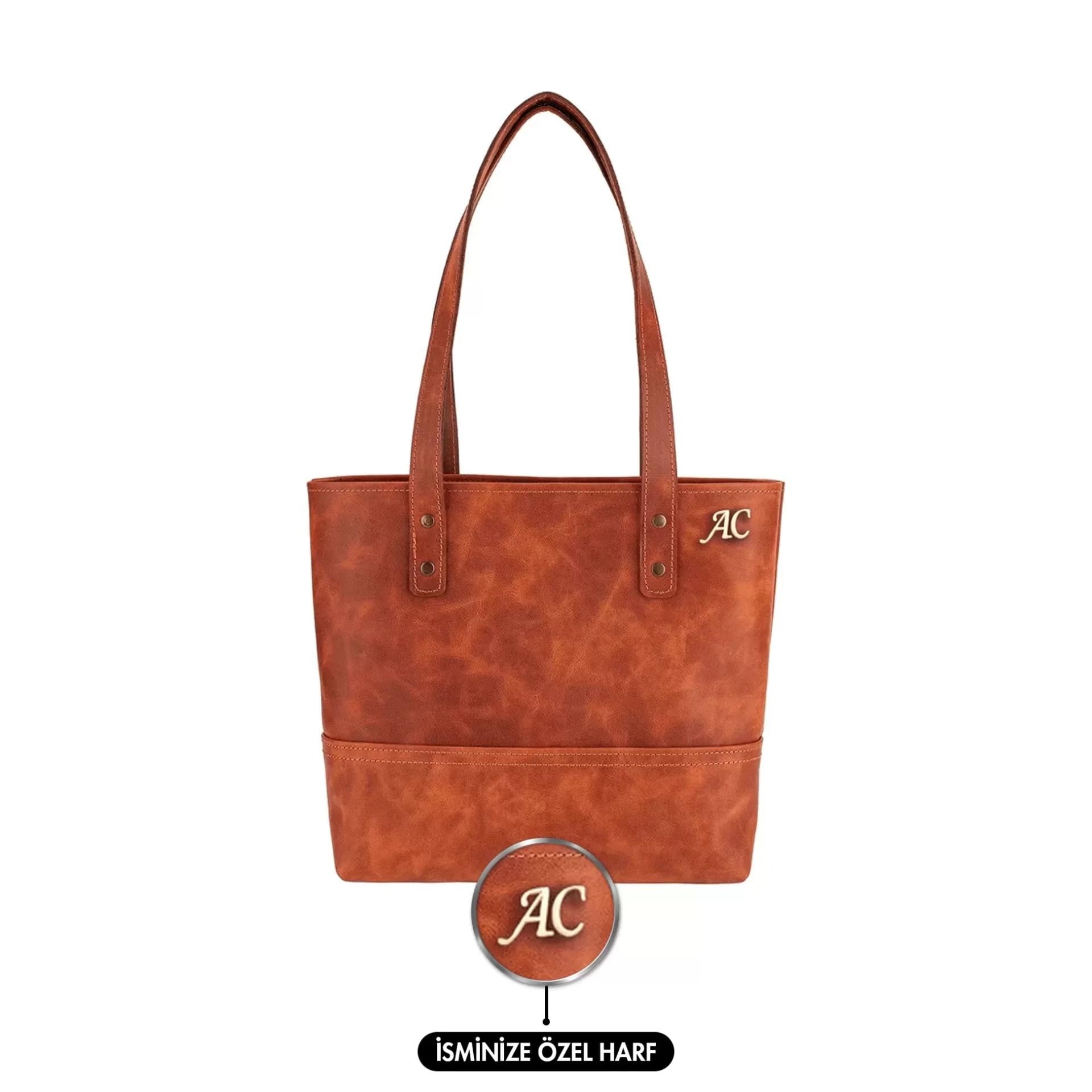 İsme Özel Tote Bag El Omuz Çantası - %100 Rainbow Deri - AC03003 - Tobacco