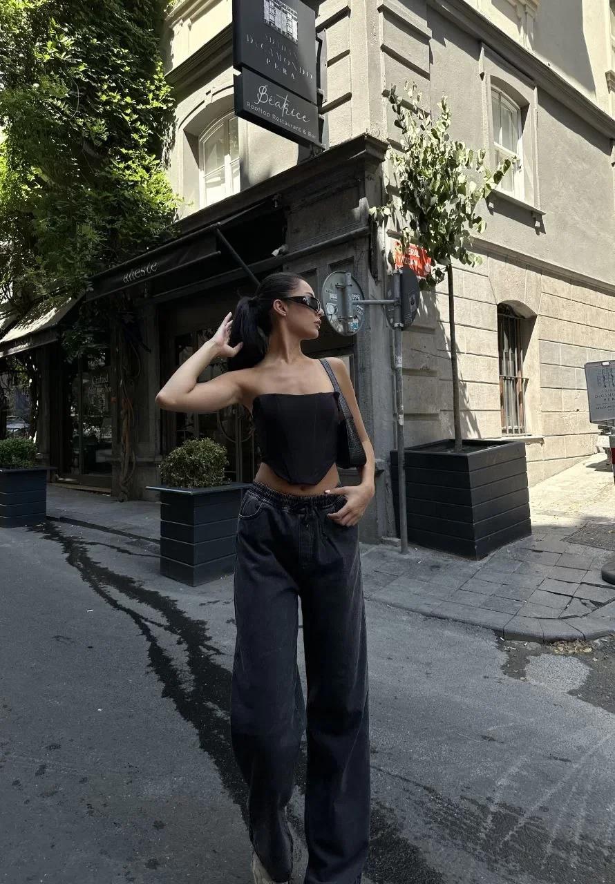 Kadın Arkadan Yırtmaçlı Jeans Kot Palazzo Pantolon - Siyah
