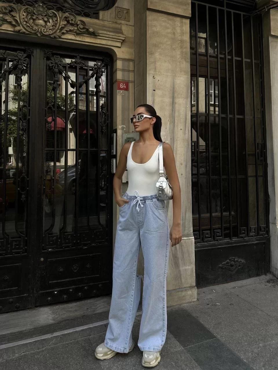 Kadın Arkadan Yırtmaçlı Jeans Kot Palazzo Pantolon - Mavi