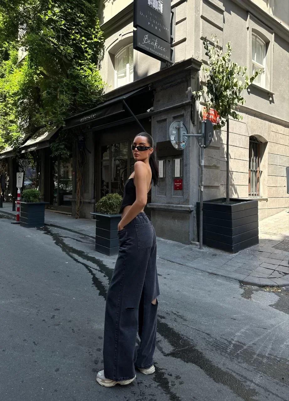 Kadın Arkadan Yırtmaçlı Jeans Kot Palazzo Pantolon - Siyah